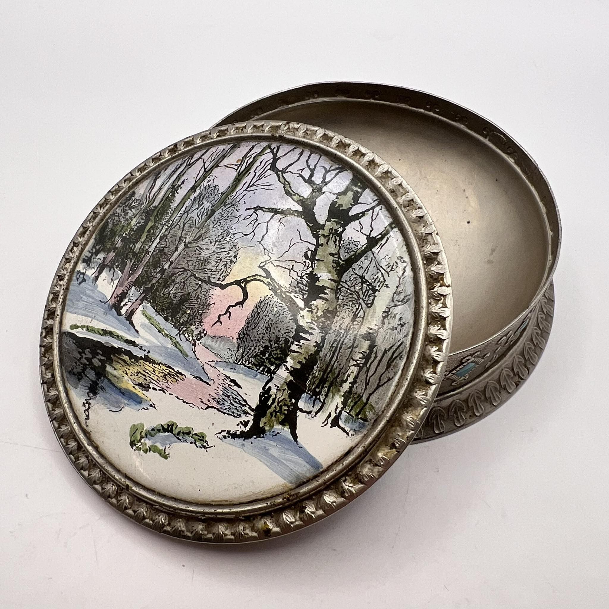 Vintage Vanity Powder Compact Case Silver Plated Enamel