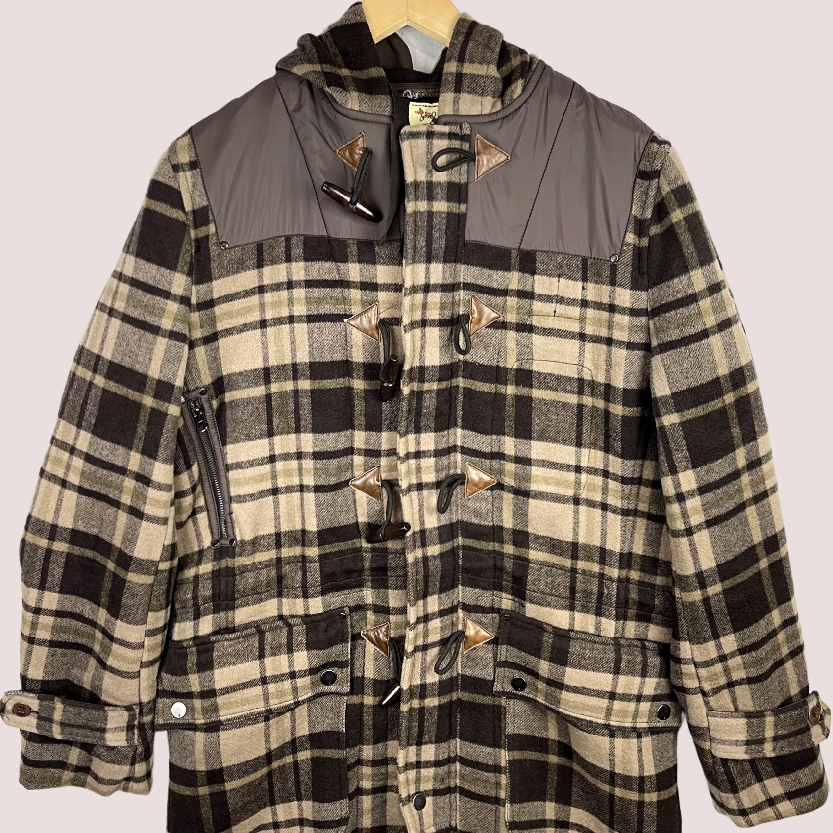 Vintage VINTAGE Triple Five Soul Duffle Coat Womens XL Brown Tan Plaid Wool Hooded Toggle Jacket Size XL / US 12-14 / IT 48-50 - 1 Thumbnail