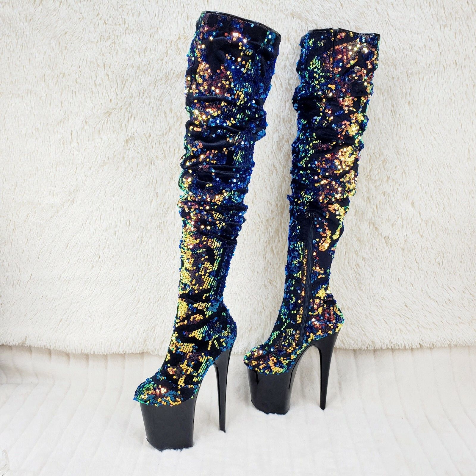 Other Flamingo 3004 Blue Sequin Slouchy Platform Thigh High Boots Size US 9 / IT 39 - 5 Thumbnail