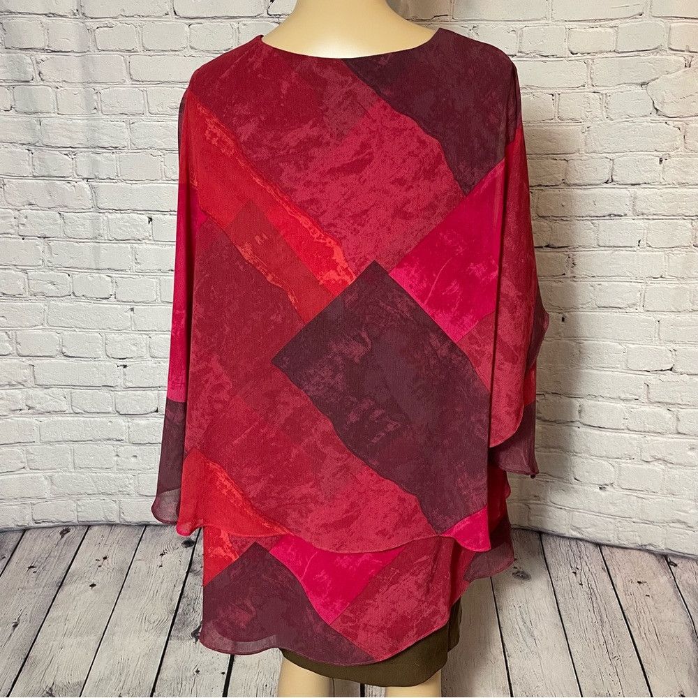 Halston H by Halston Red Sheer Layered V-Neck Tunic Top | Size 1X Size XL / US 12-14 / IT 48-50 - 3 Thumbnail