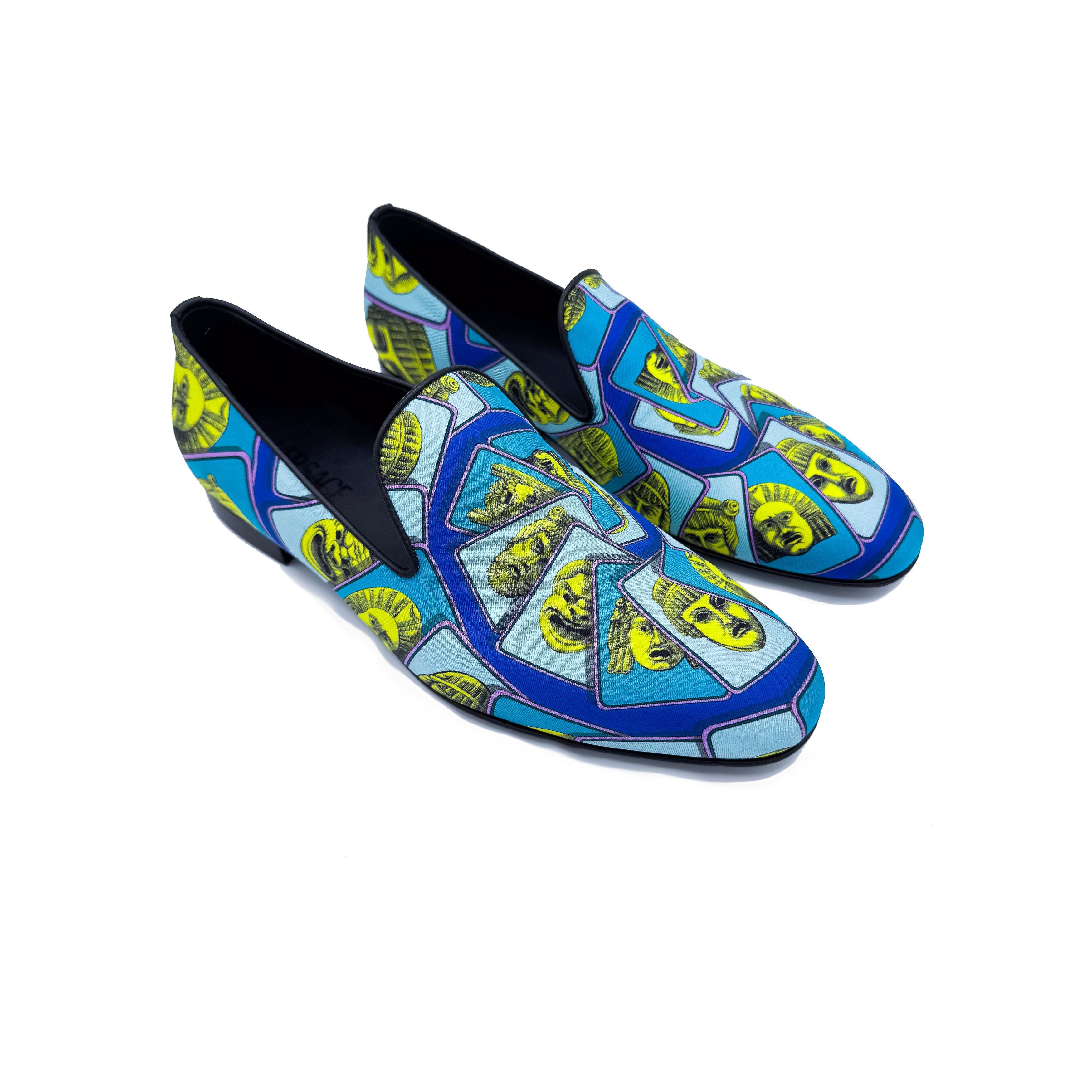 Versace Versace Masks Print Silk Twill Loafer In Acid Green Teal Size US 8 / EU 41 - 1 Thumbnail