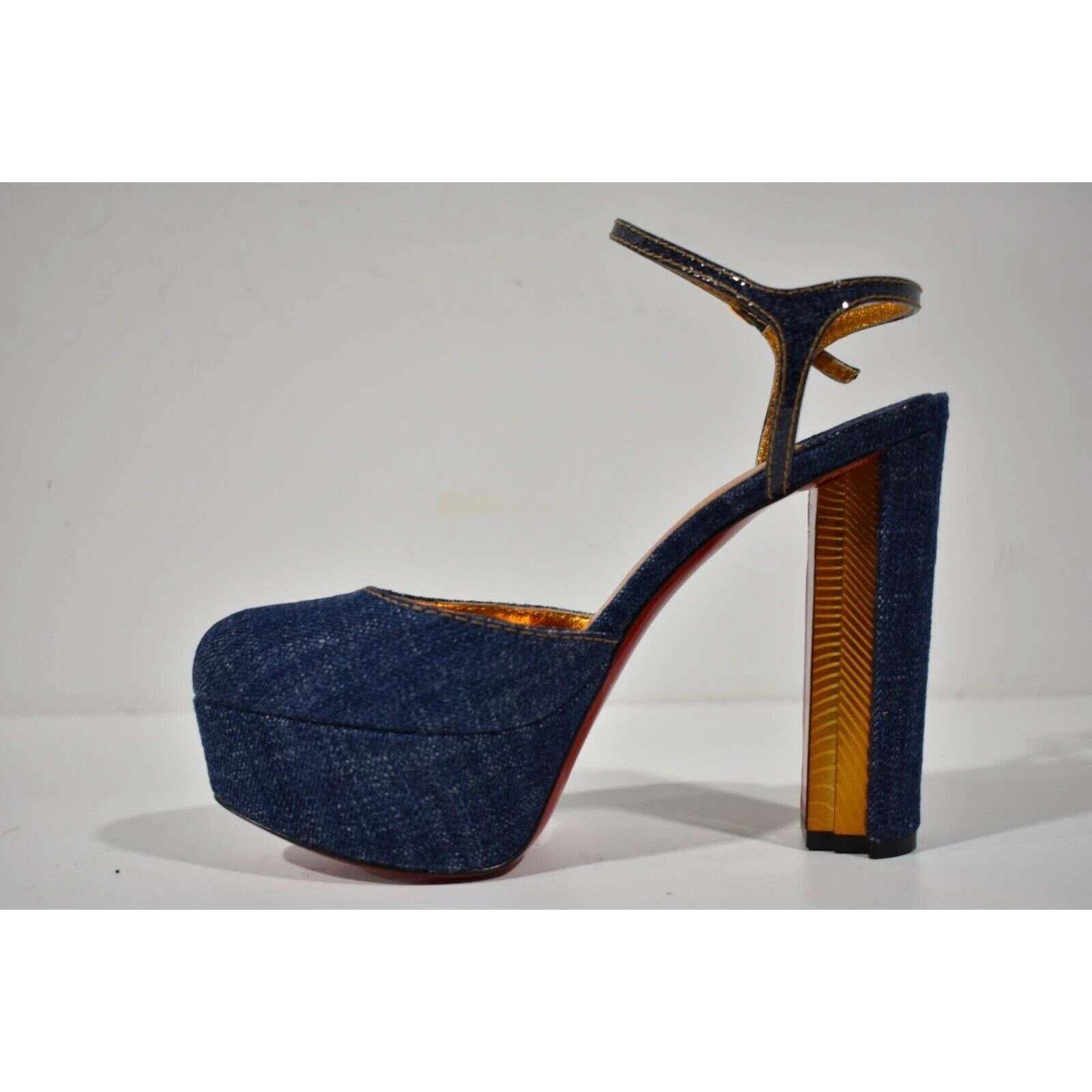 Christian Louboutin Coluna Pump 130 Denim Blue Ankle Strap Platform Heel 37.5 Size US 7.5 / IT 37.5 - 8 Thumbnail