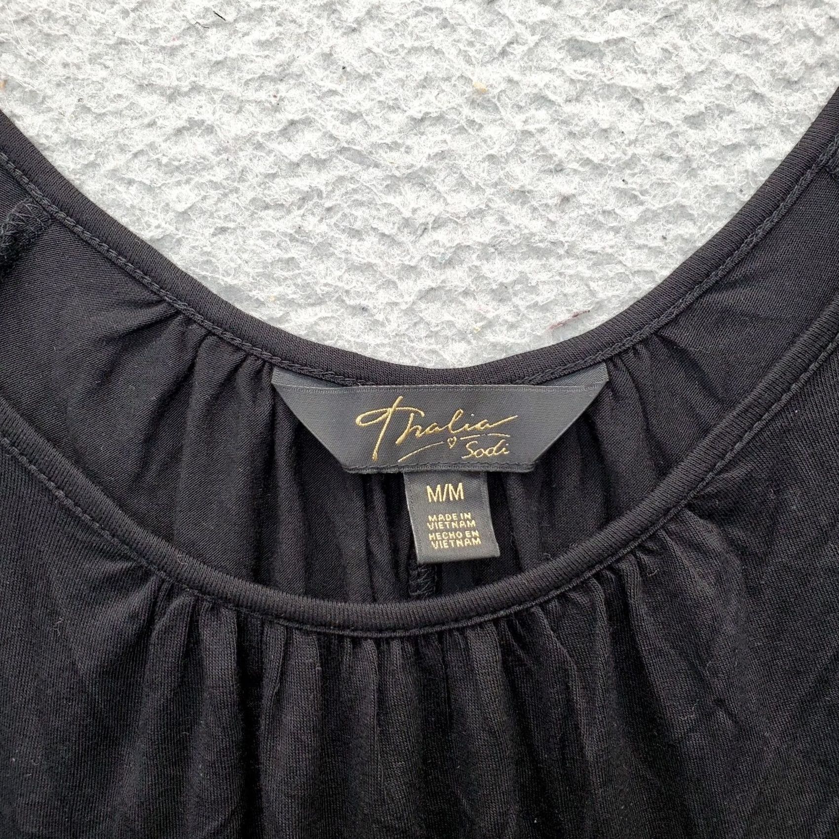 Vintage Thalia Sodi Blouse Top Womens M Black Rayon Stretch Cold Shoulder Sleeve - Shirt Woman Size M Black, Narrow Collarless Pullover Casual Long Sleeve Size M / US 6-8 / IT 42-44 - 3 Thumbnail