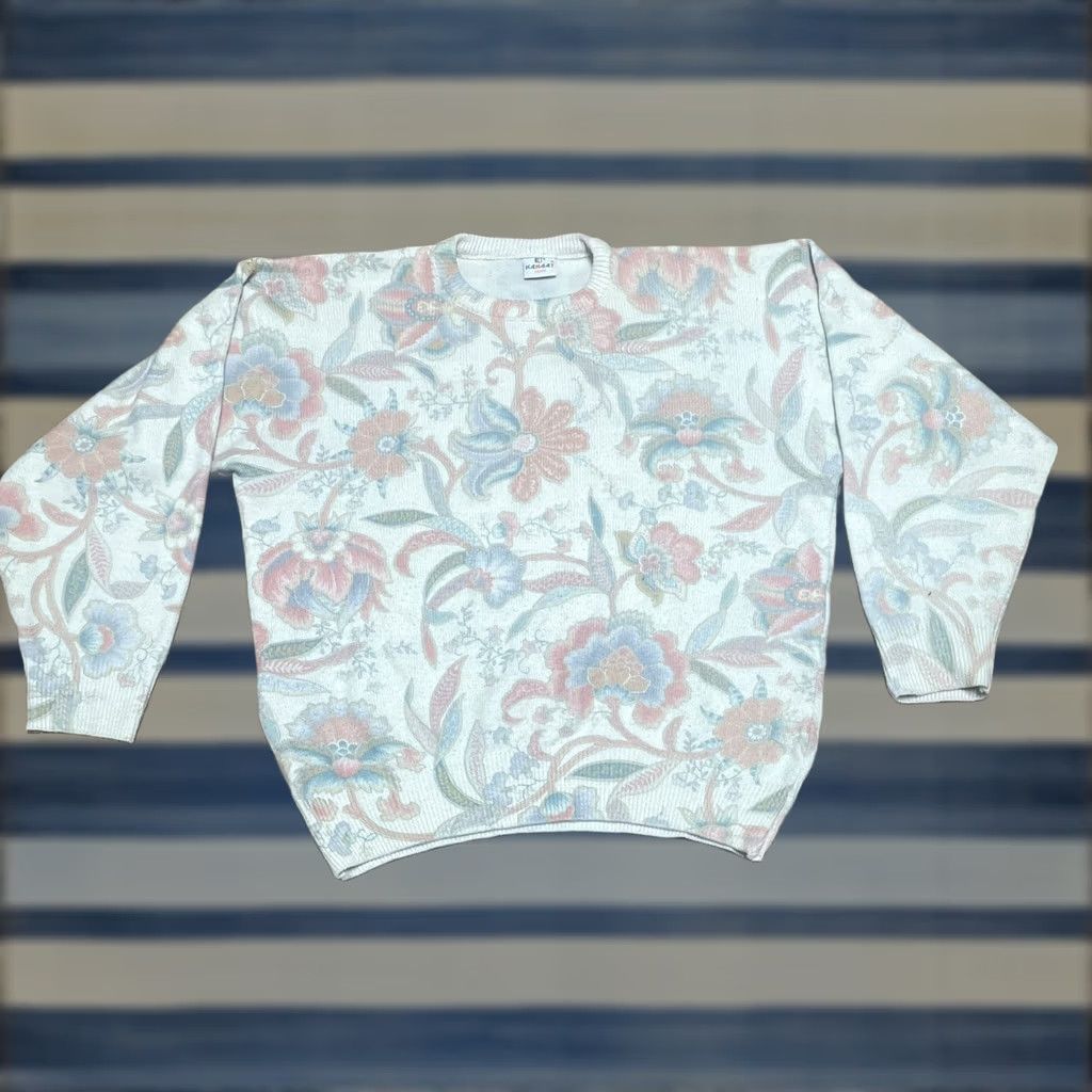 Vintage VINTAGE Women’s Kanaat Triko Knitted Floral Sweater Sz Large Made In Turkey White&Orange Size L / US 10 / IT 46 - 1 Thumbnail