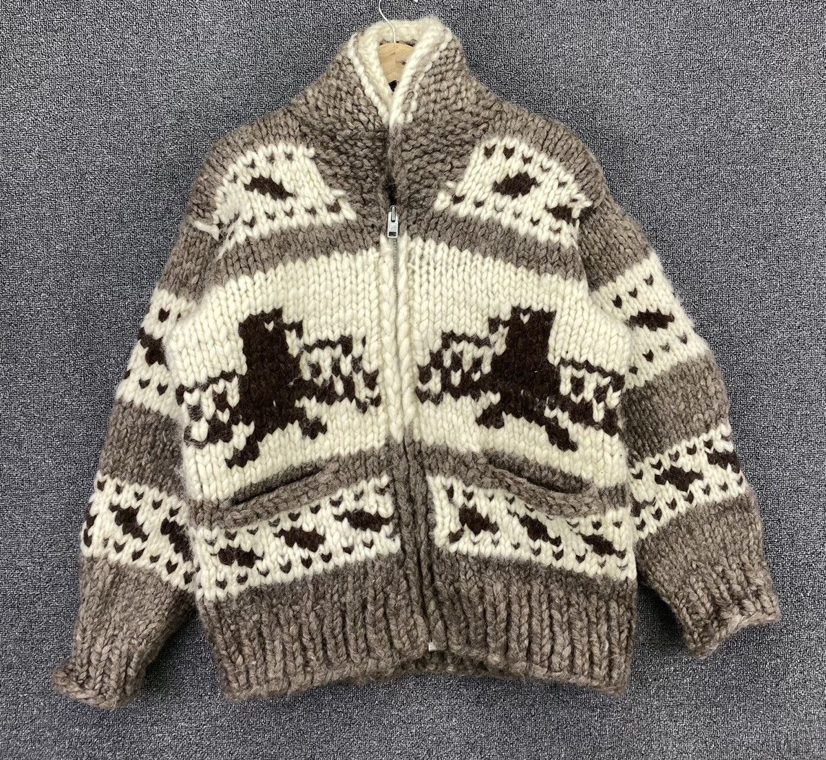 image of Coloured Cable Knit Sweater x Handknit Vintage Handknit Cowichan Eagle Wool Knit Sweater Jacket in 