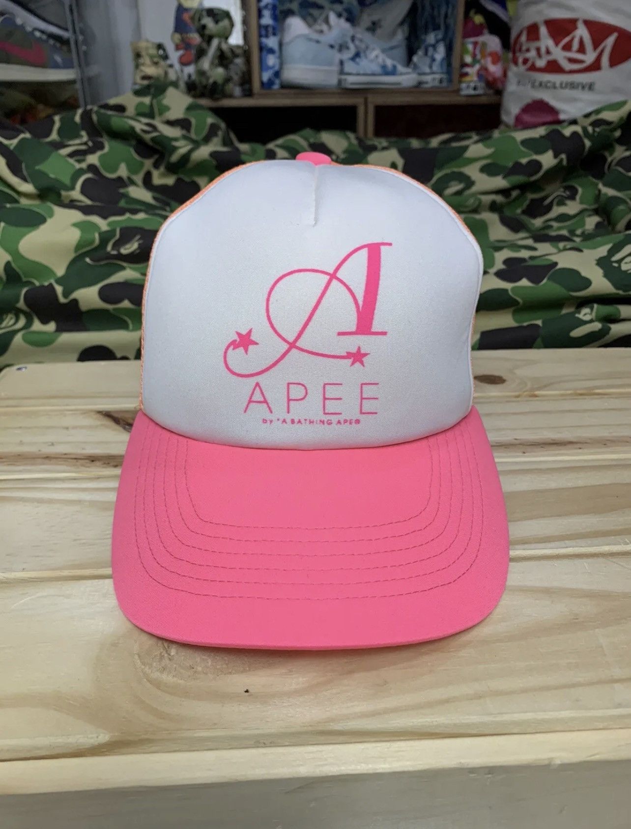 image of Bape x Vintage 00’S A Bathing Ape “Apee” Pink Trucker Hat, Women's