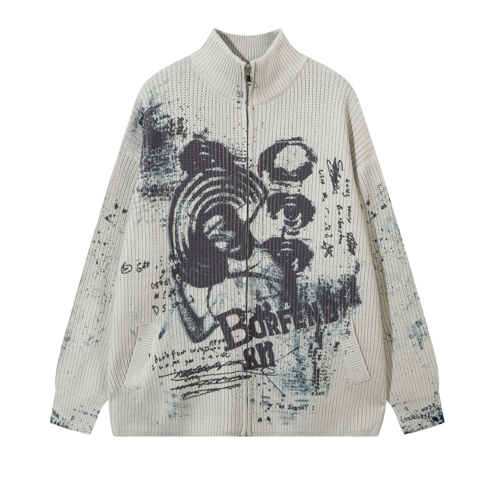 Vintage Cream Graphic Print Knit Zip-Up Sweater, Casual Knitwear Size US M / EU 48-50 / 2 - 5 Thumbnail