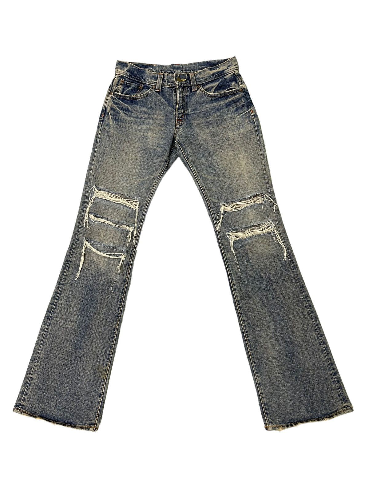 Japanese Brand Flare Jeans GL Heart Faded Distress Boot Cut 7🟦8 Size US 31 - 2 Thumbnail