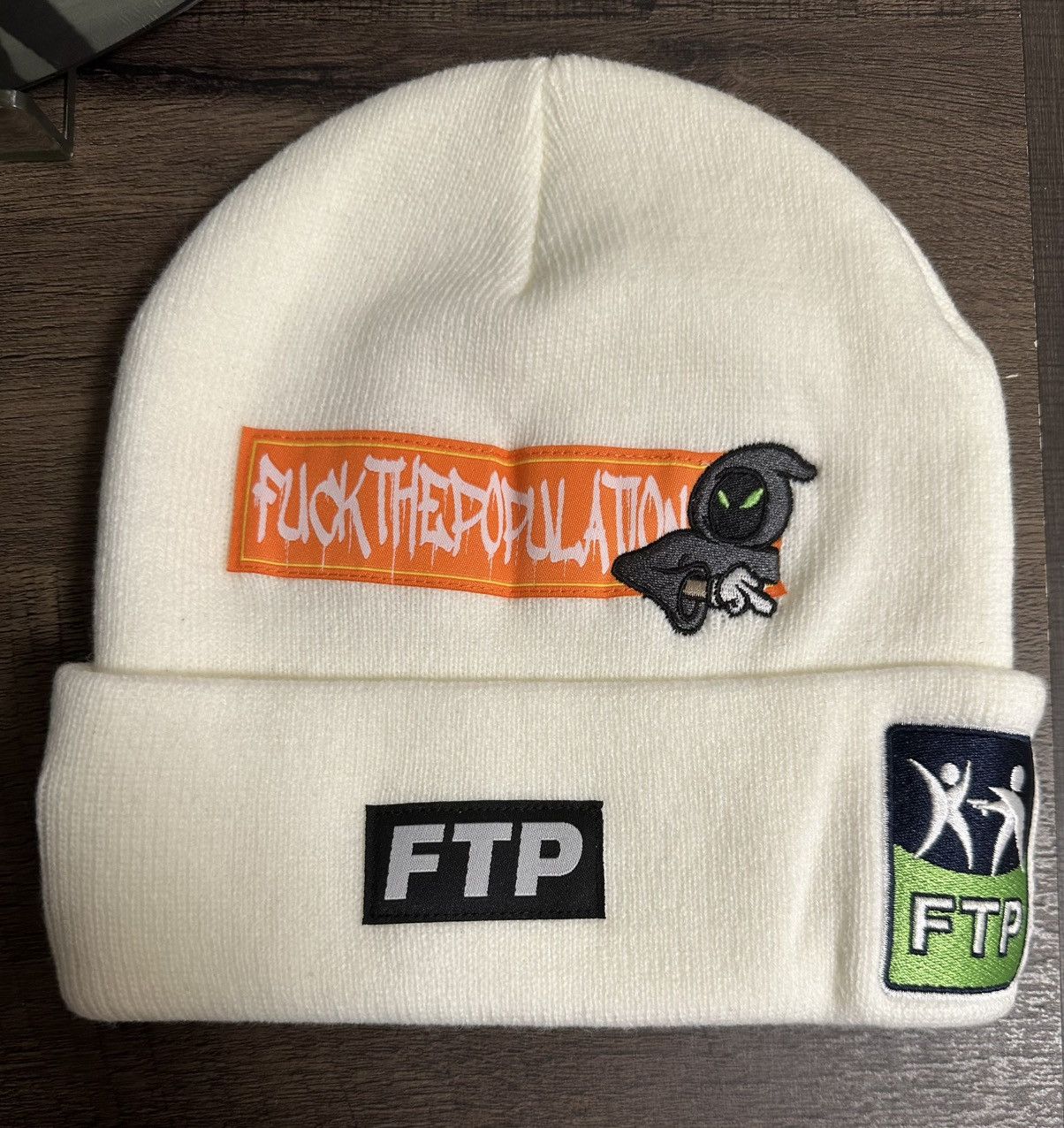 Fuck The Population FTP Club Logo Beanie White SS25. Patch Work. New & Authentic Size ONE SIZE - 3 Thumbnail