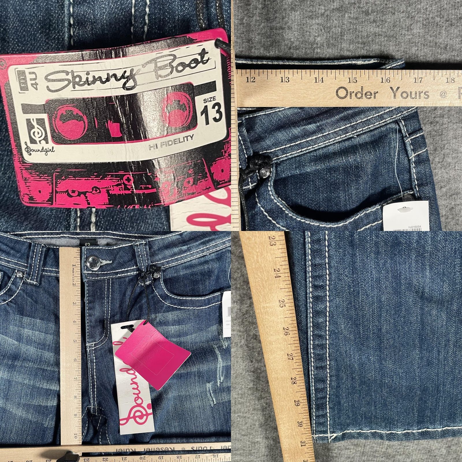 Vintage Soundgirl Jeans Womens 13 Medium Blue Skinny Bootcut Embroidered Rhinestone Embellished Stretch Distressed Pockets Zip Fly Jeans Size 34" / US 12 / IT 48 - 8 Thumbnail