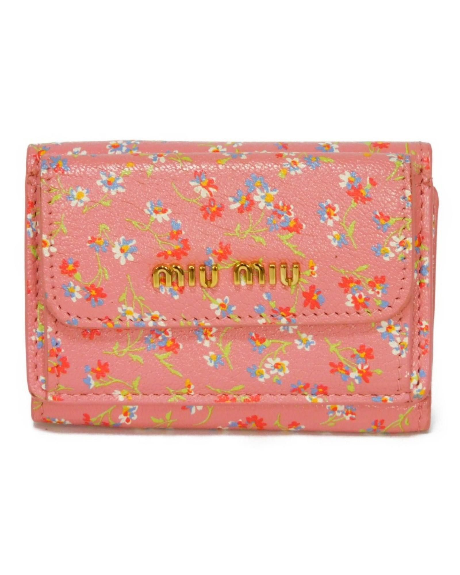 image of Miu Miu Tri-Fold Leather Wallet In Pink, Women's