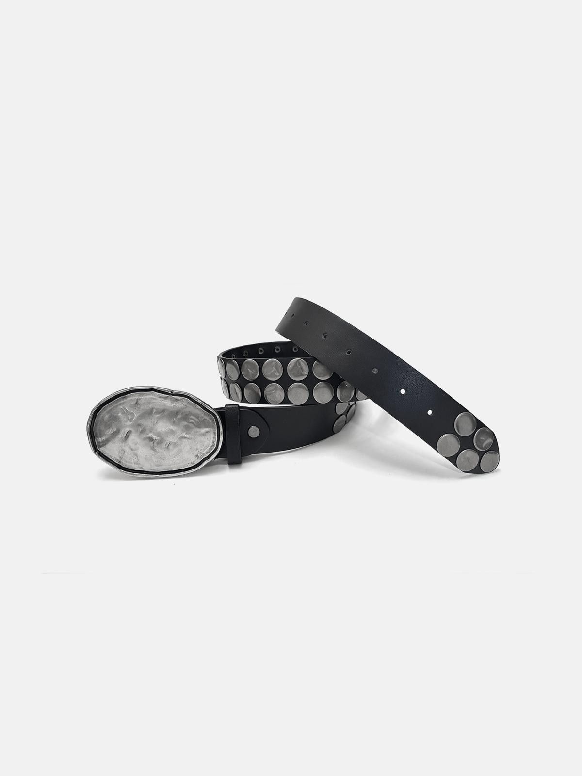 Japanese Brand Leather Stud Belt with Hammered Metal Buckle Size ONE SIZE - 2 Thumbnail