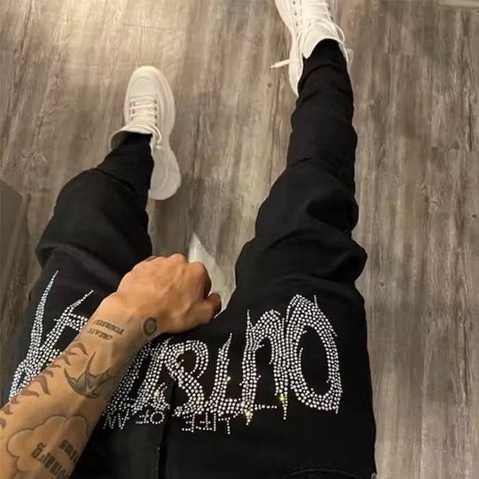 image of Distressed Denim Hot Rhinestone Outsiders Denim Pant in Black, Men's (Size 30)