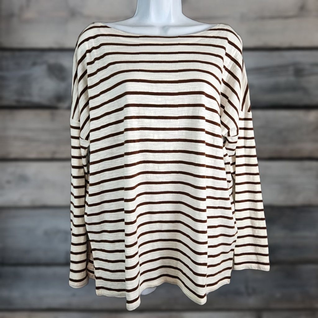 J. Jill Blouse Shirt Womens Large L Striped Cotton Nutmeg Cream Long Sleeve Buttonless Pullover Historical Style: Basic New with Tags