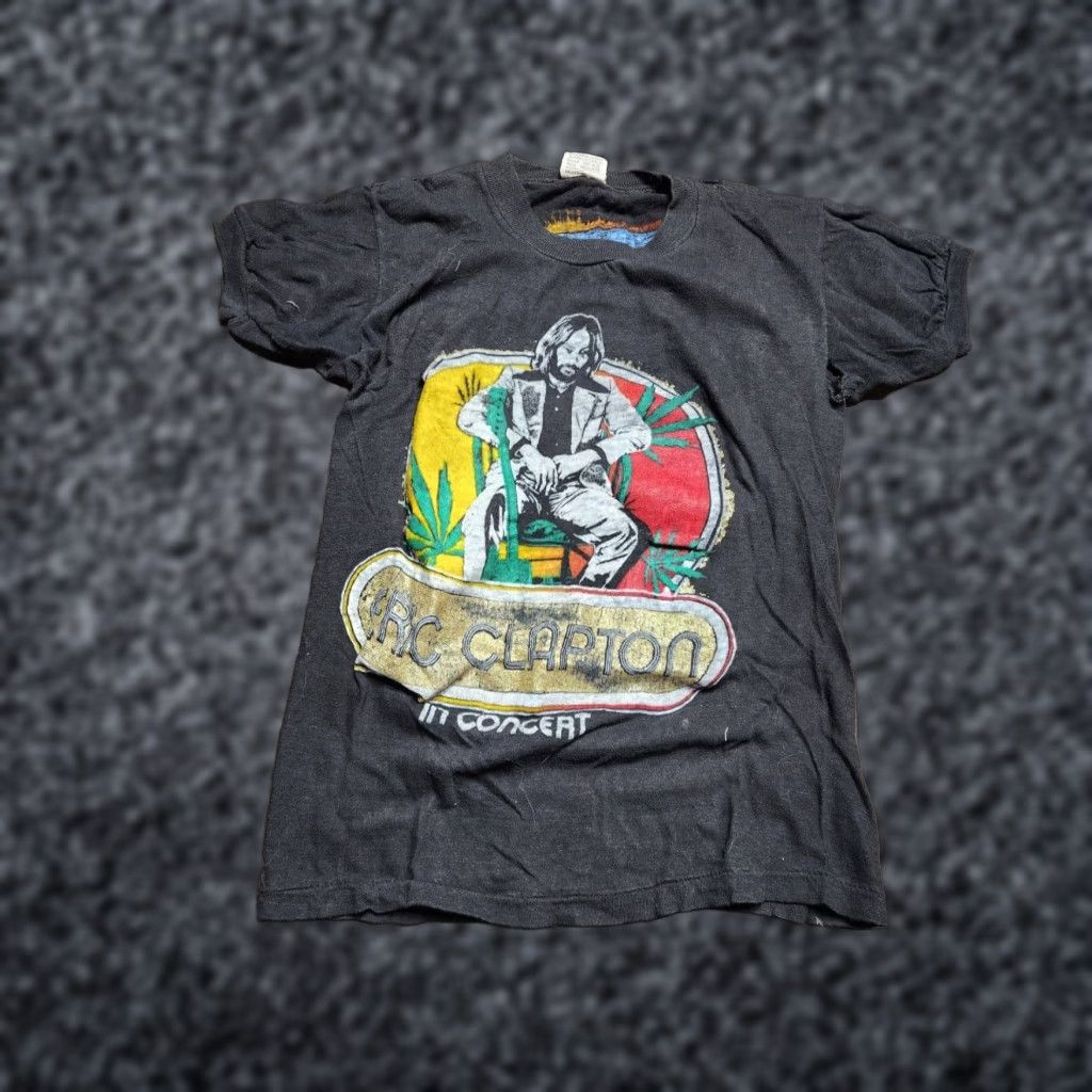 VINTAGE 70s Eric Clapton Muddy Waters Concert T Shirt Black XS Distressed Fantasy Screen Stars Cotton