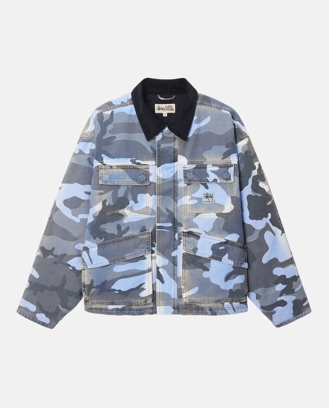image of Stussy x Vintage Stüssy Fw23 Spray Dye Canvas Shop Jacket in Blue Camo, Men's (Size Large)