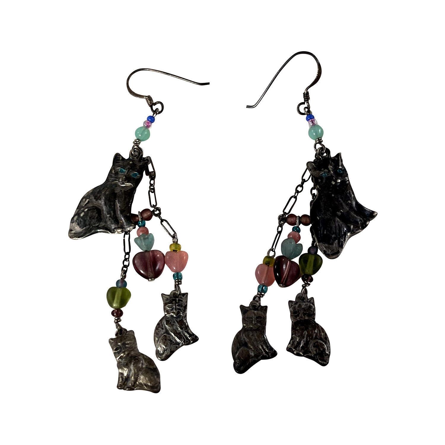 Designer Sterling Silver Artisan Kitty Cat Chandelier Earrings Size ONE SIZE - 4 Thumbnail