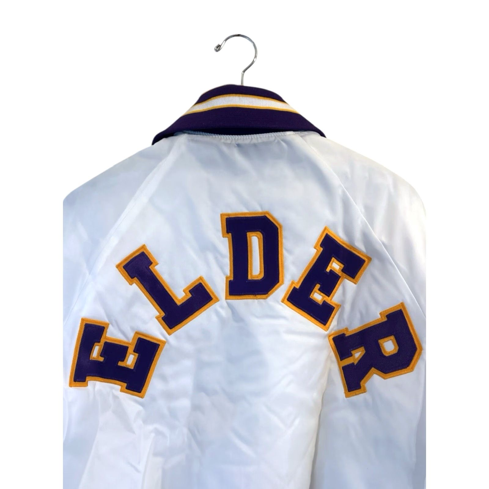 Vintage VINTAGE Elder High School Satin Jacket Mens L Deadstock NWT White Purple Gold Trim 80s Bomber USA Size US L / EU 52-54 / 3 - 4 Thumbnail