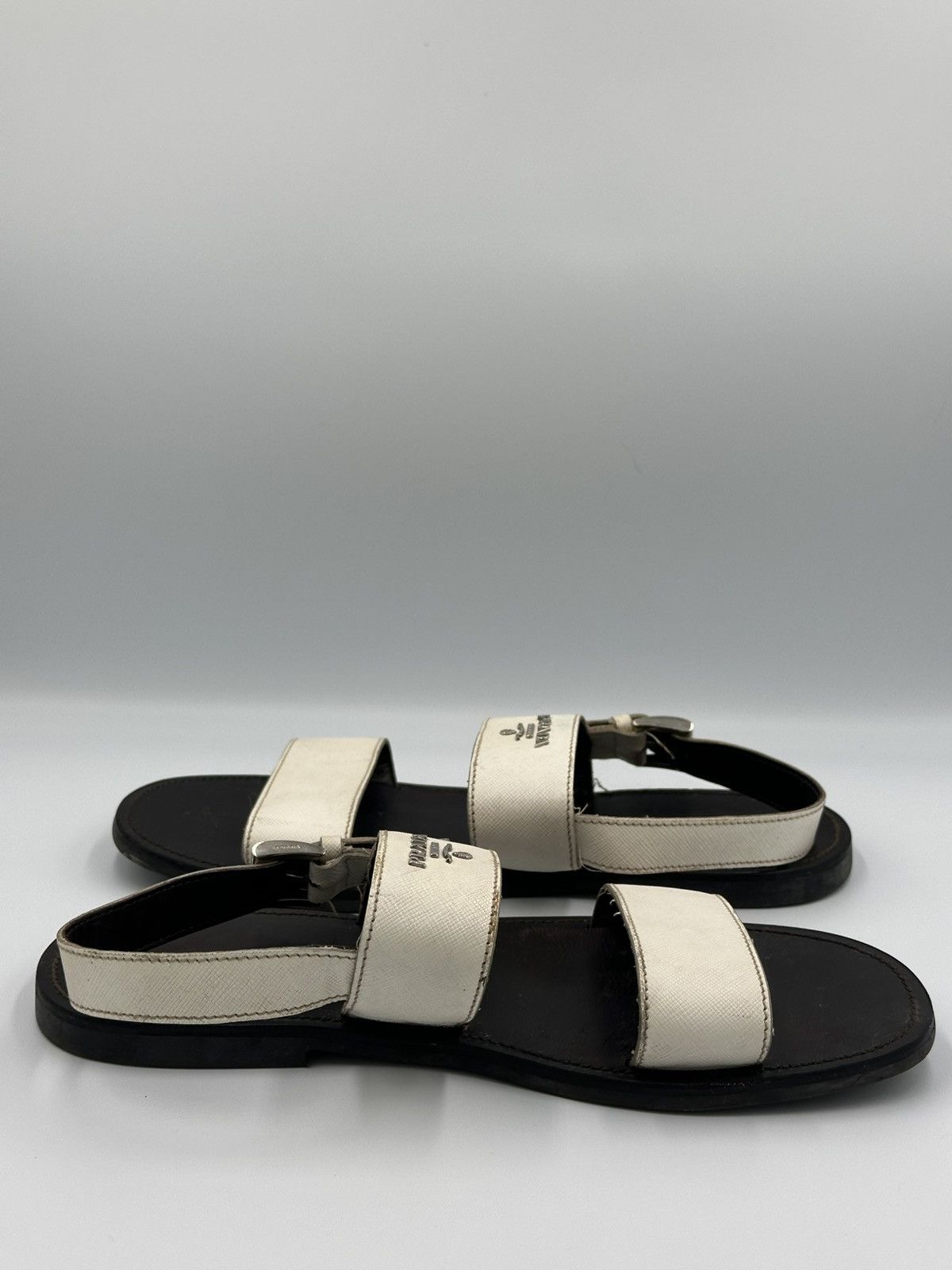 Prada Prada leather white sandals with metal logo Size US 7 / EU 40 - 5 Thumbnail