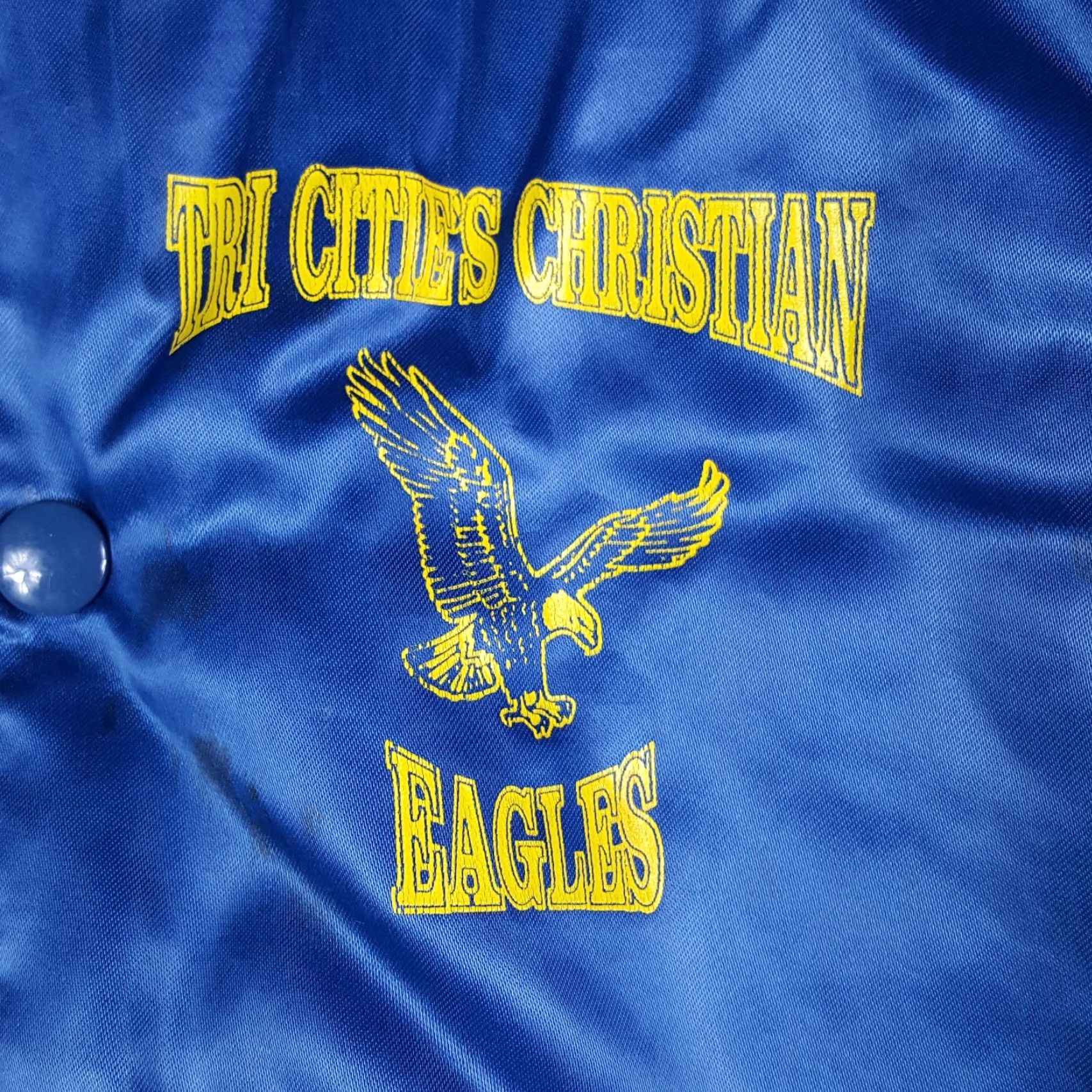 Vintage VINTAGE Nasco Windbreaker Jacket 80s 90s Satin Bomber Tri Cities Christian Eagles XL Navy Blue Logo Embroidered Full Zip Men's Jacket Size US XL / EU 56 / 4 - 3 Thumbnail