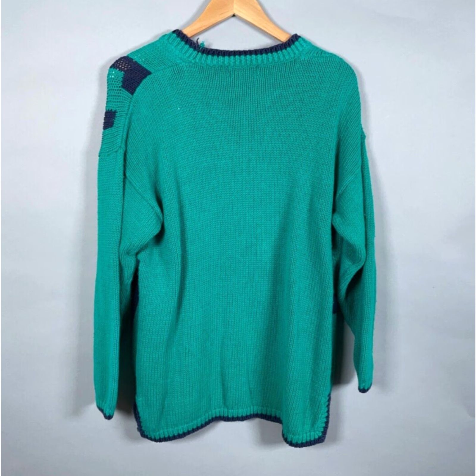Vintage Vintage 90s Geometric Pattern Cotton Chunky Knit Cardigan Women's Medium Green Blue Hipster Retro Size M / US 6-8 / IT 42-44 - 3 Thumbnail