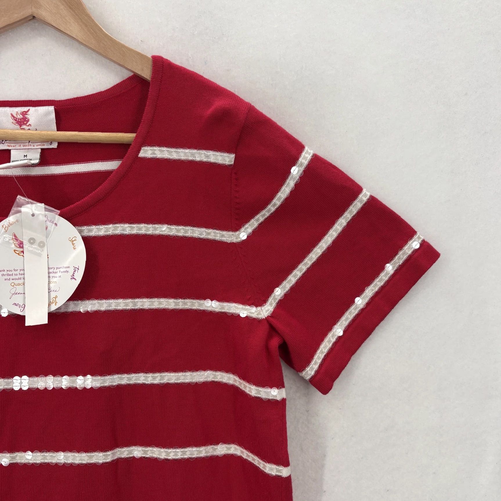 Quacker Factory Quacker Factory Shirt Womens Medium Red Stripe Sequin Short Sleeve Cotton Top Size M / US 6-8 / IT 42-44 - 2 Thumbnail