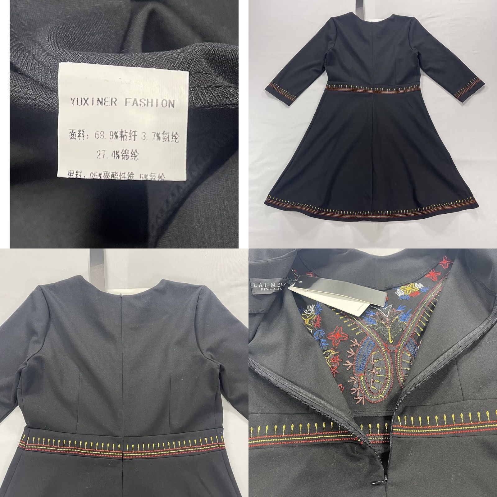 Vintage Flowers NWT Lai Meng Five Cats Women's L Cocktail Dress Black Embroidered Floral Sleeve Long Knee Length Party/Cocktail Dress Size L / US 10 / IT 46 - 9 Thumbnail