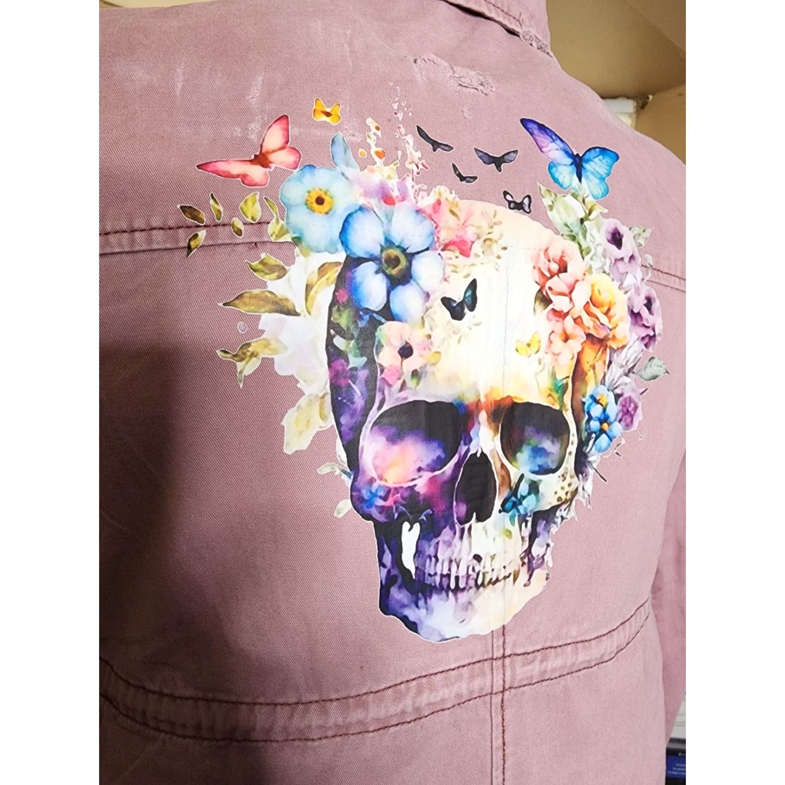 Denime VINTAGE Upcycled Pink Denim Jacket Skeleton Skull Rebellious Gardener Women's M Mauve Size M / US 6-8 / IT 42-44 - 6 Thumbnail