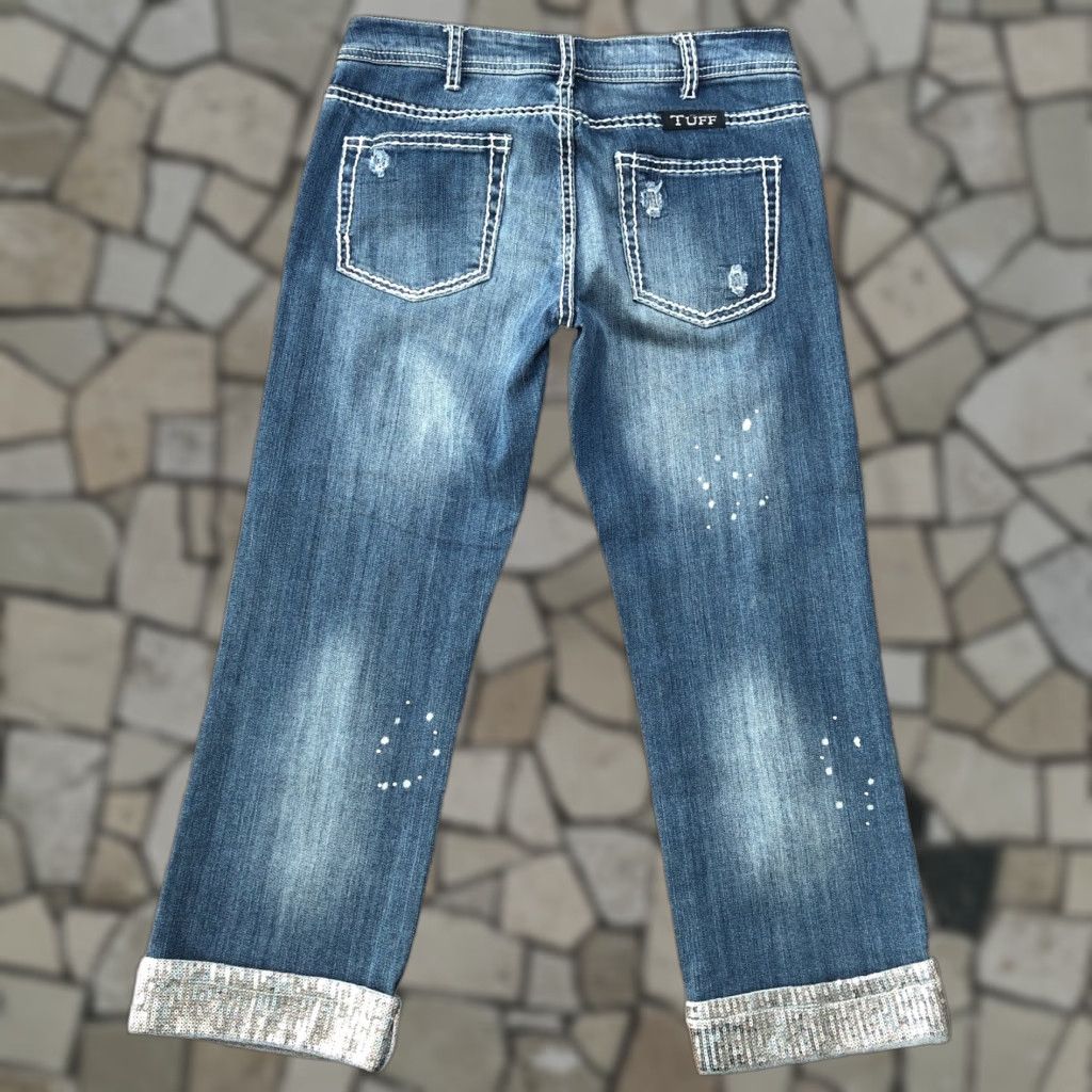 Denime COWGIRL TUFF Capri Jeans Womens 28 Blue Distressed Sequin Denim 5-Pocket Zip Rise 8 Inseam 24 Festival Cowboy Size 28" / US 6 / IT 42 - 1 Thumbnail