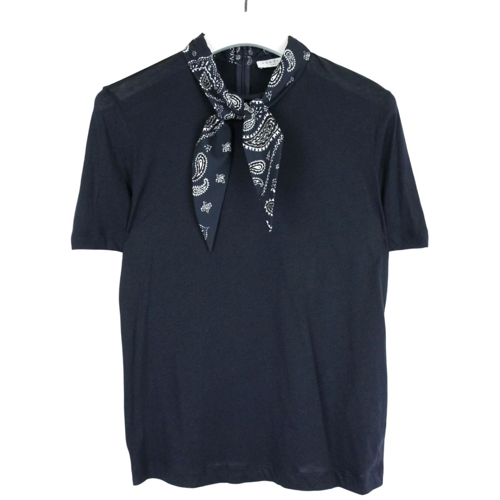 Sandro Sandro T-Shirt Women's Large Short Sleeve Tricot Self Tie Ribbon Dark Blue Size L / US 10 / IT 46 - 4 Thumbnail