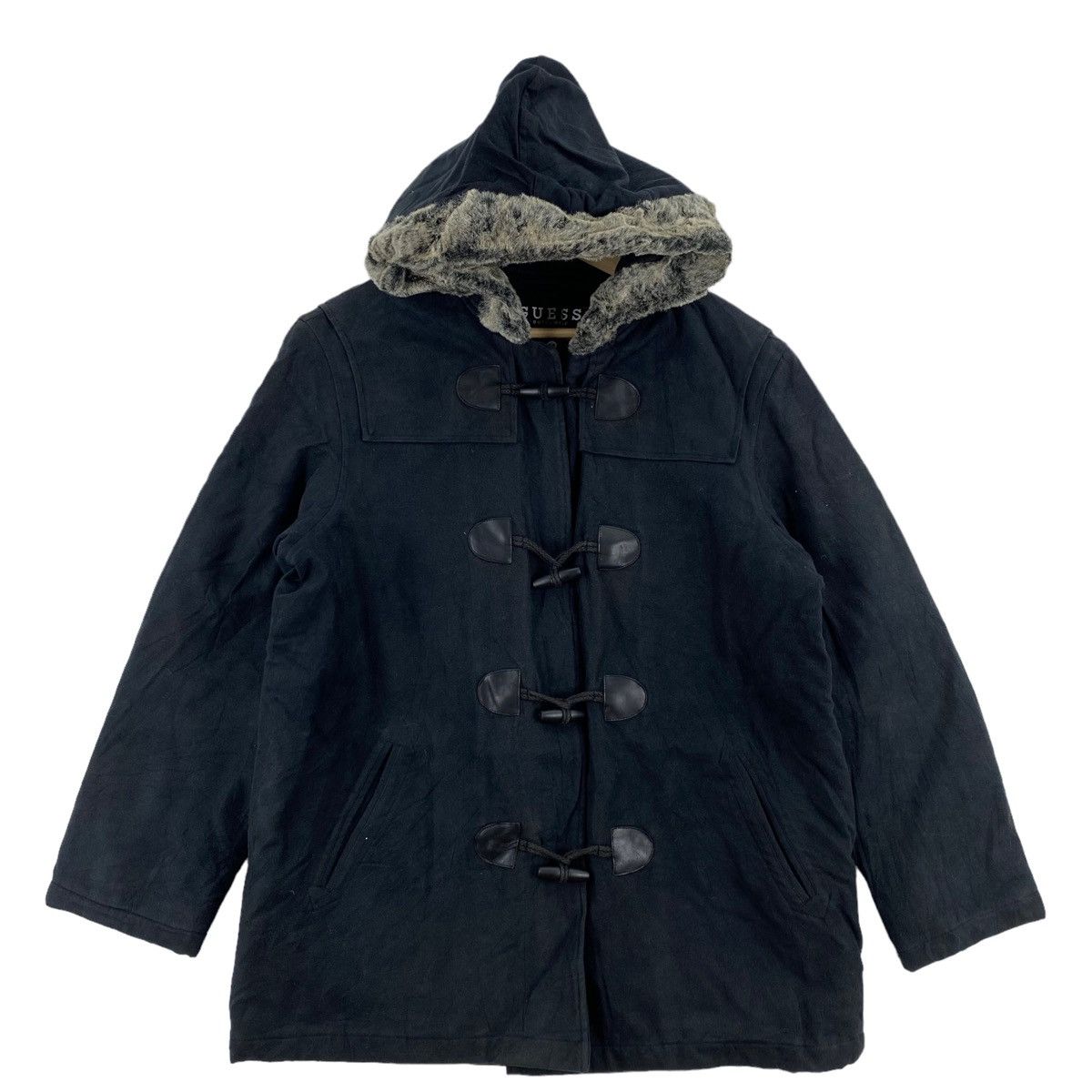 Guess × Vintage Vintage 90s GUESS OUTERWEAR Black Hooded Duffle Coat Jacket Size US M / EU 48-50 / 2 - 1 Thumbnail