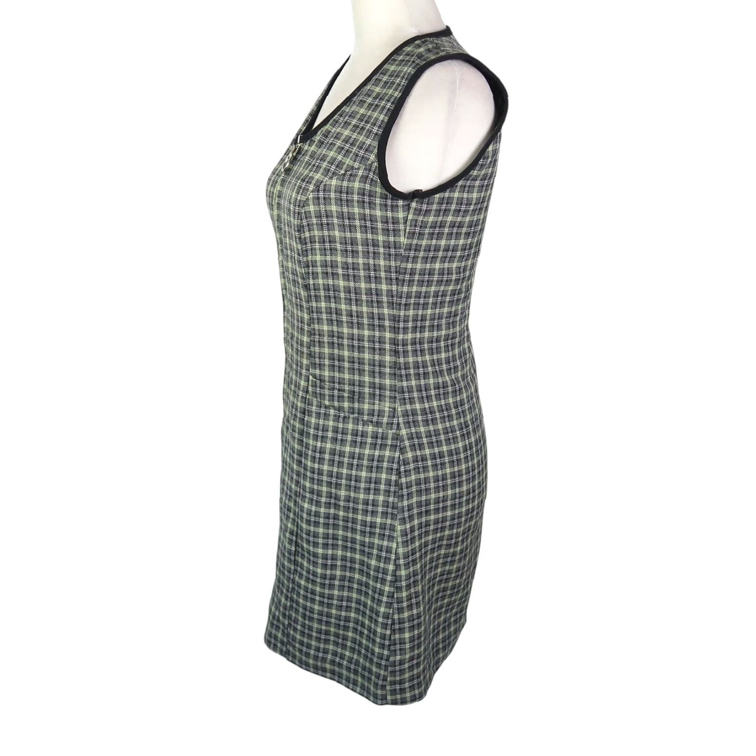 VINTAGE 90s Exact Change Green and Black Plaid Zip Front Mini Jumper Dress  S Sleeveless Womens
