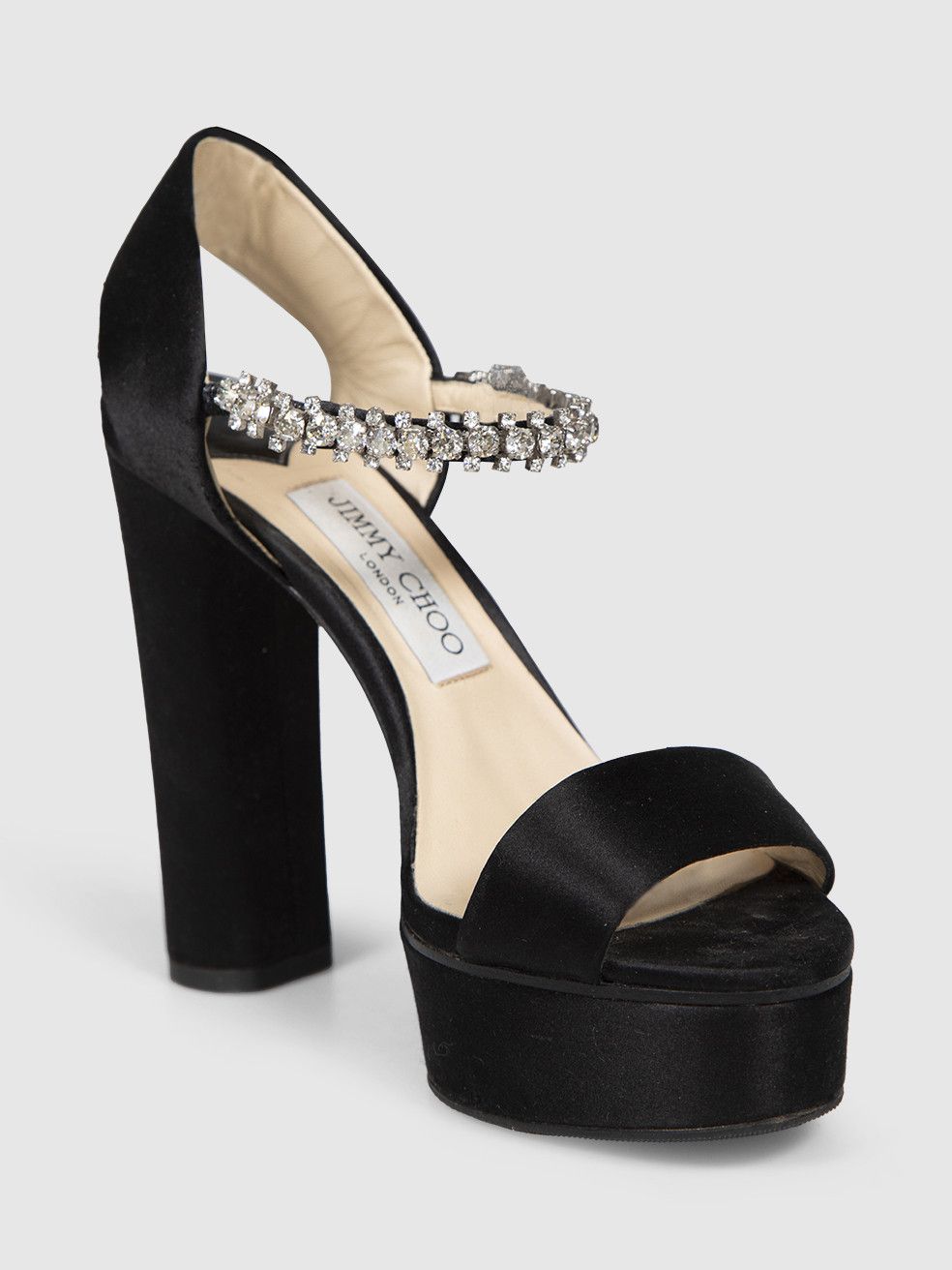 Jimmy Choo Black Satin Crystal Platform Sandals Size US 7.5 / IT 37.5 - 1 Thumbnail