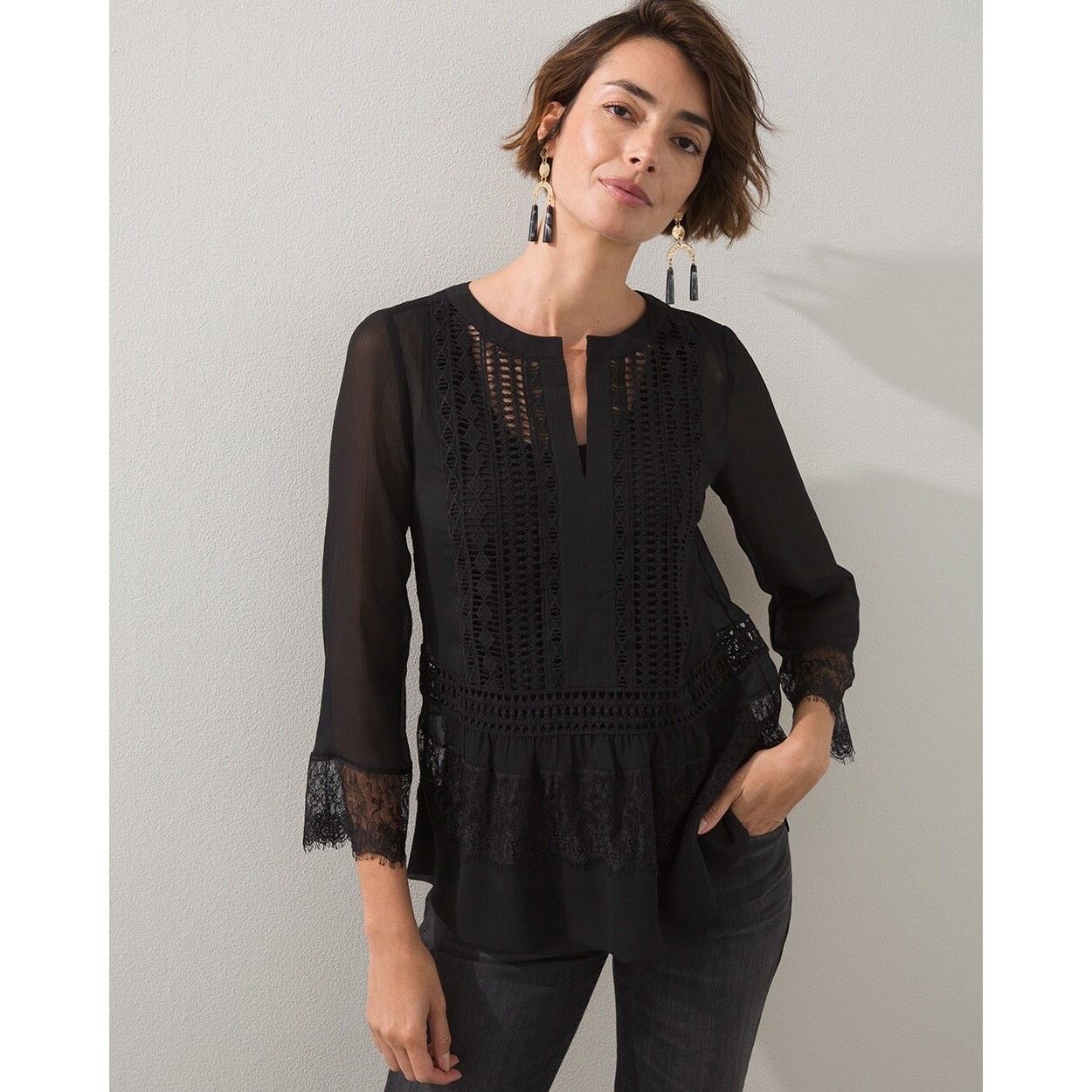 Chicos CHICOS Black Sheer Eyelet Lace Witch Long Sleeve Peasant Top Size L / US 10 / IT 46 - 1 Thumbnail