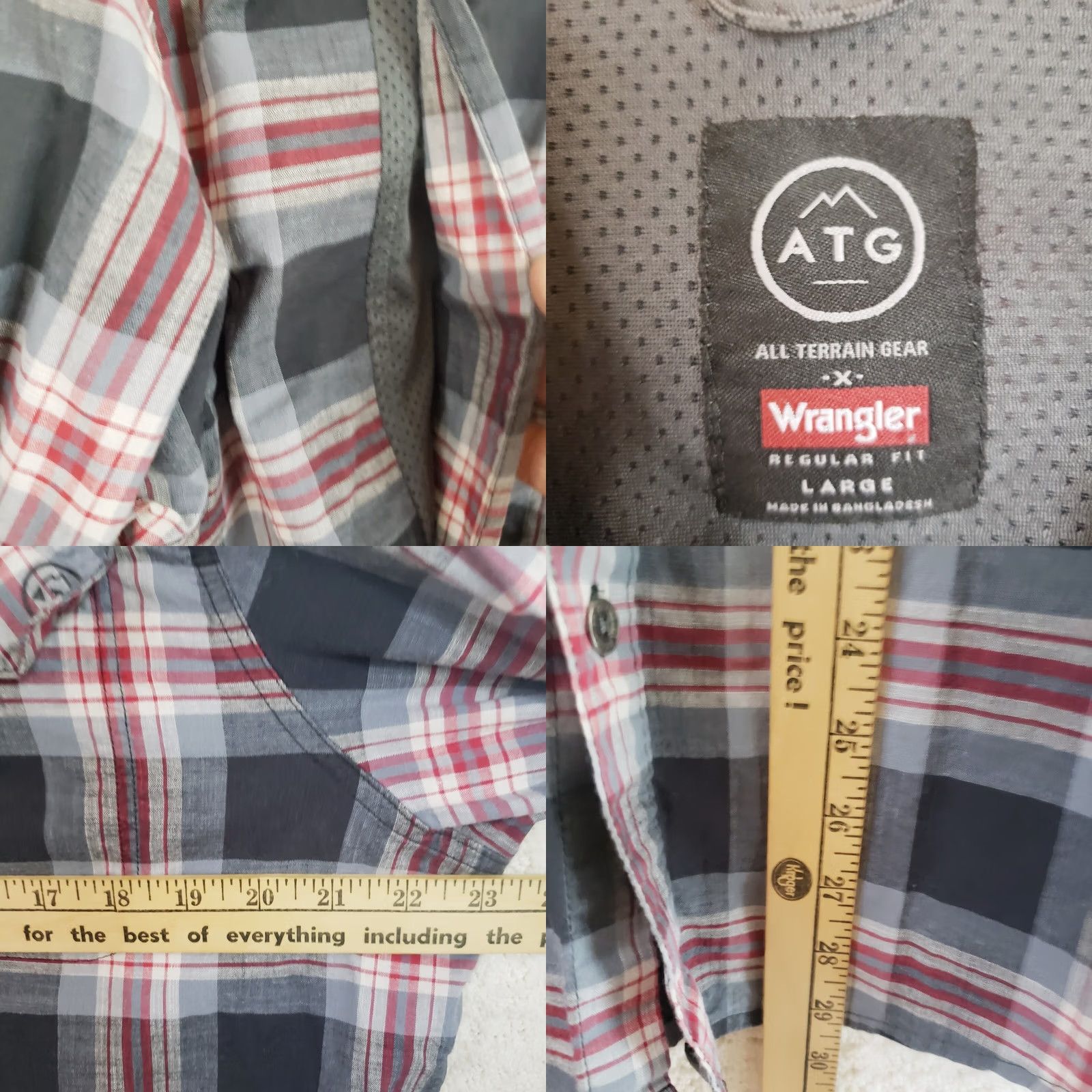 Wrangler VINTAGE Wrangler ATG Mens L Red Grey Button Up Long Sleeve Vented Shirt Plaid Slv Pocket Size US L / EU 52-54 / 3 - 9 Thumbnail