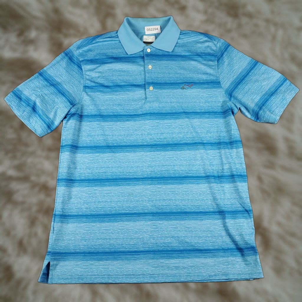 Vintage Greg Norman Polo Shirt Mens M Blue Striped Shark Casual Golf Short Sleeve Polo Shirt - Greg Norman - Mens Blue Striped Polo Shirt (M) Size US M / EU 48-50 / 2 - 1 Thumbnail