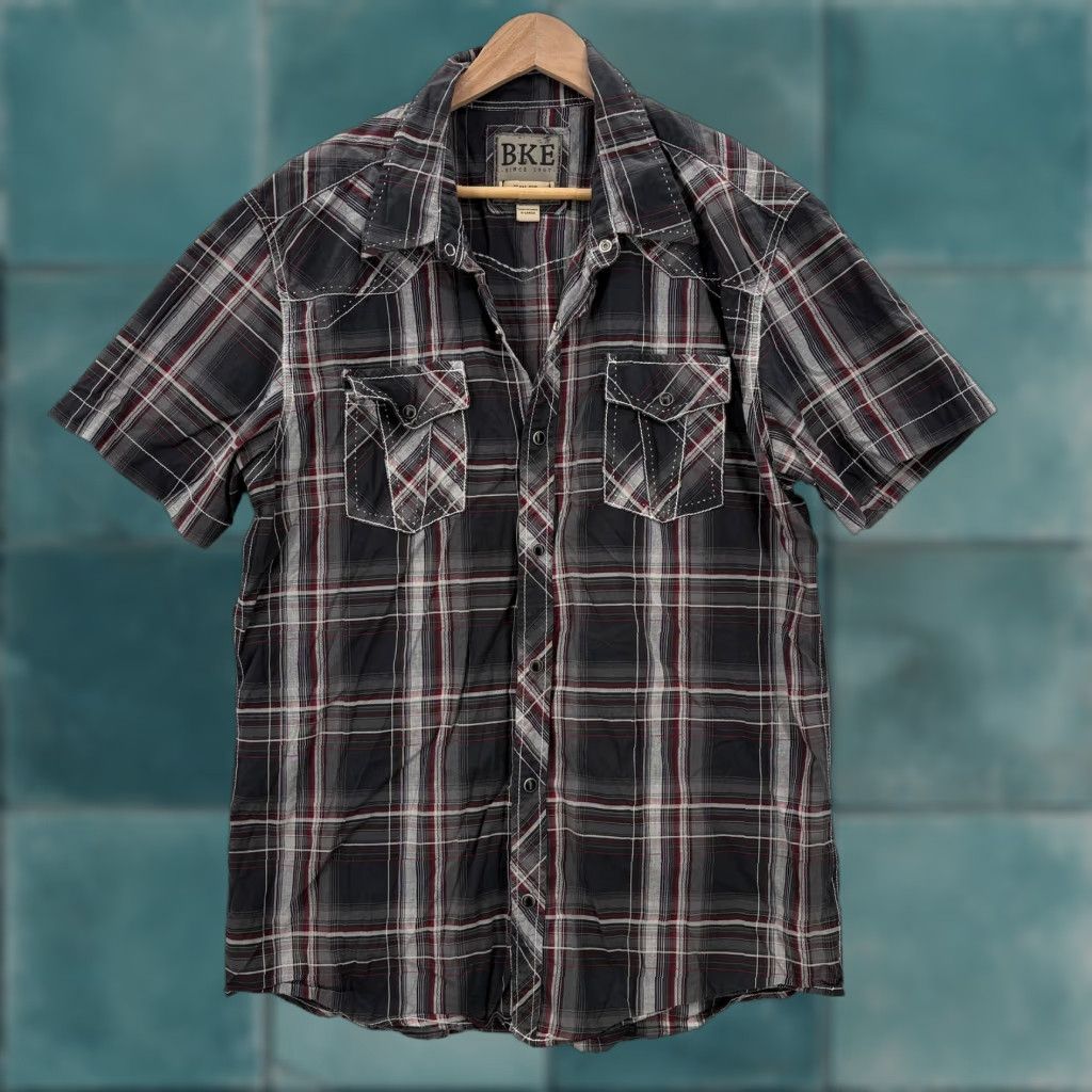 BKE BKE Shirt Mens XL Black Red Plaid Slim Fit Short Sleeve Button Front Western Y2K Size US XL / EU 56 / 4 - 1 Thumbnail