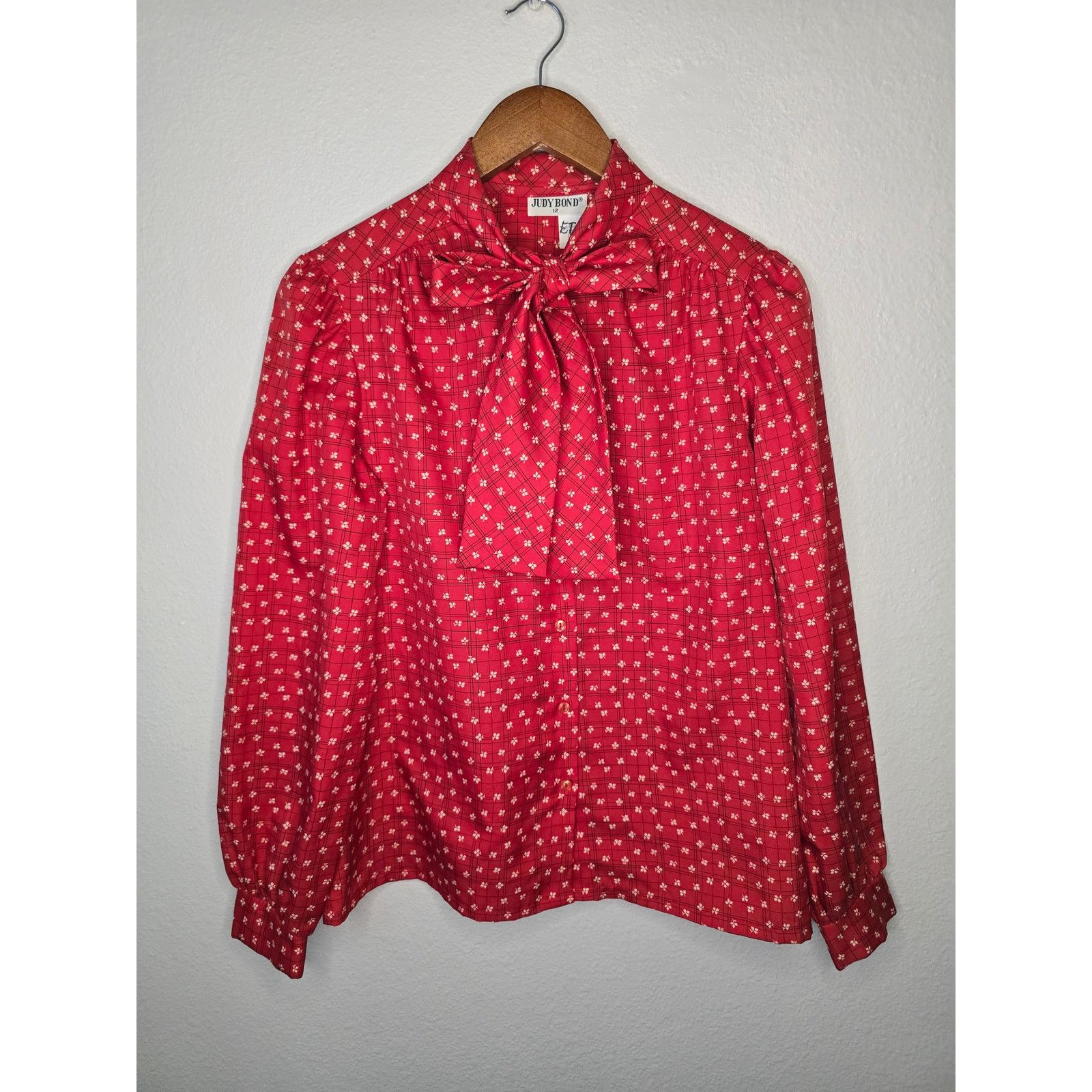 Vintage Vintage Tie Neck Blouse Judy Bond Red Floral Polka Dot Shirt Size XL / US 12-14 / IT 48-50 - 1 Thumbnail