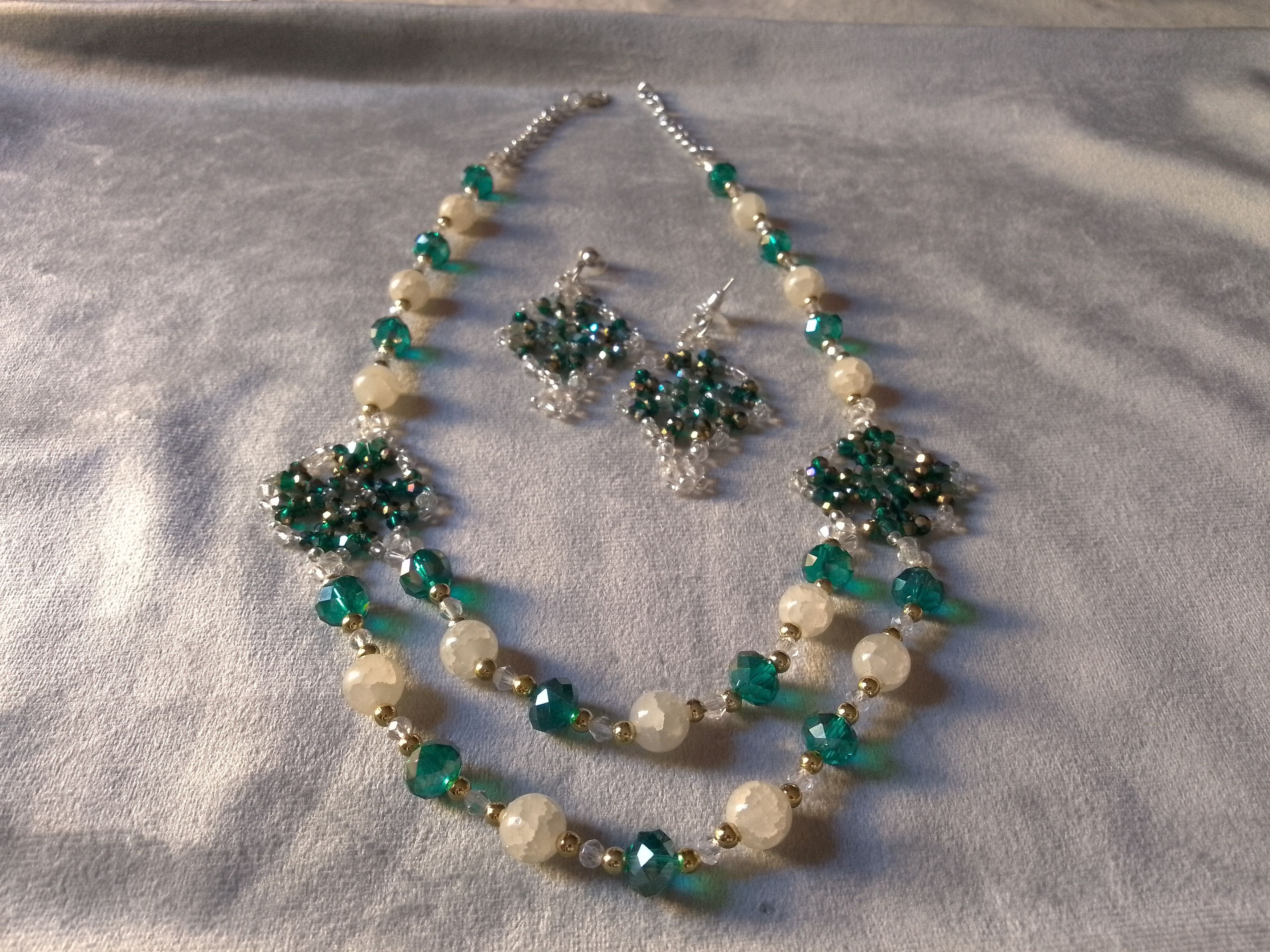 Handmade Necklace Long Green Crystal White Gemstones Earrings Size ONE SIZE - 2 Thumbnail