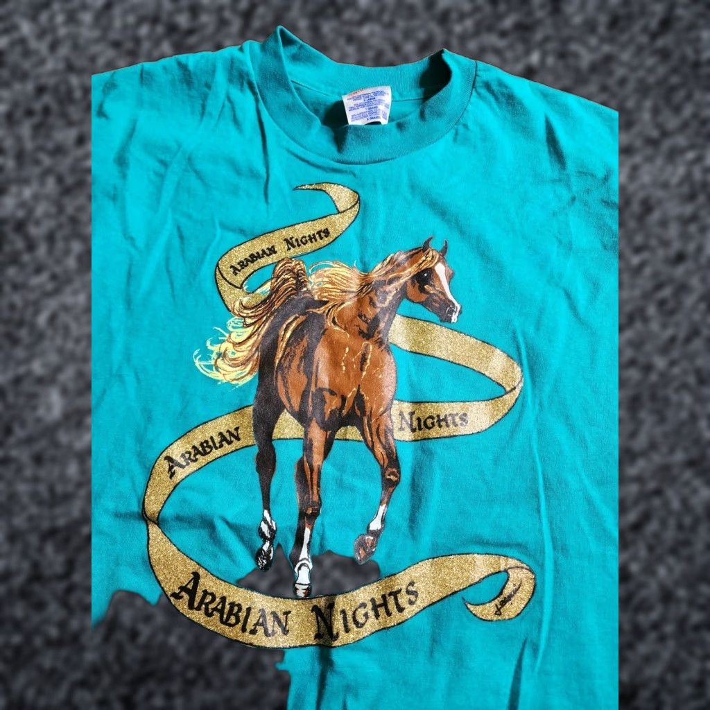 Hanes VINTAGE Arabian Nights Show Souvenir T Shirt Single Stitch Horse Mens XL Hanes Green 1990s 90s Size US XL / EU 56 / 4 - 1 Thumbnail