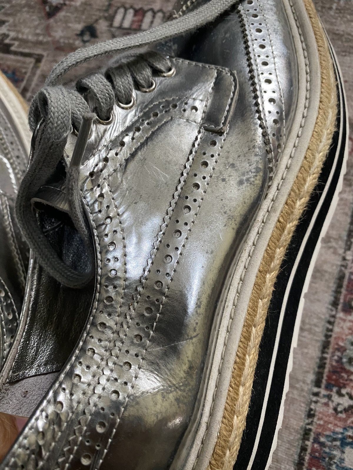 Prada Prada Platform Lace Up Silver Brogues Wedges Size US 9 / IT 39 - 11 Thumbnail