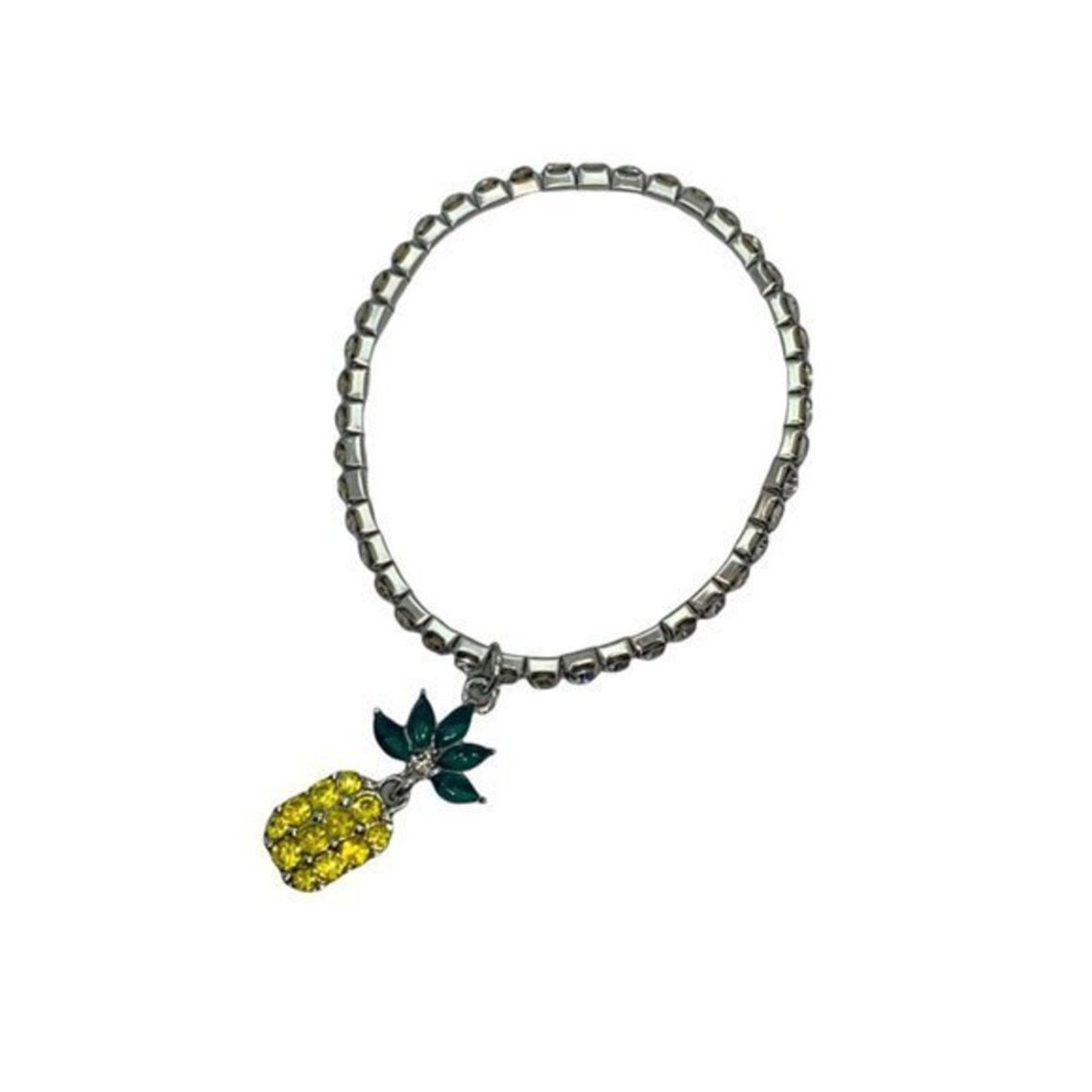 Boutique Moschino Silver Green Yellow Pineapple Rhinestone Stretch Bracelet Size ONE SIZE - 5 Thumbnail