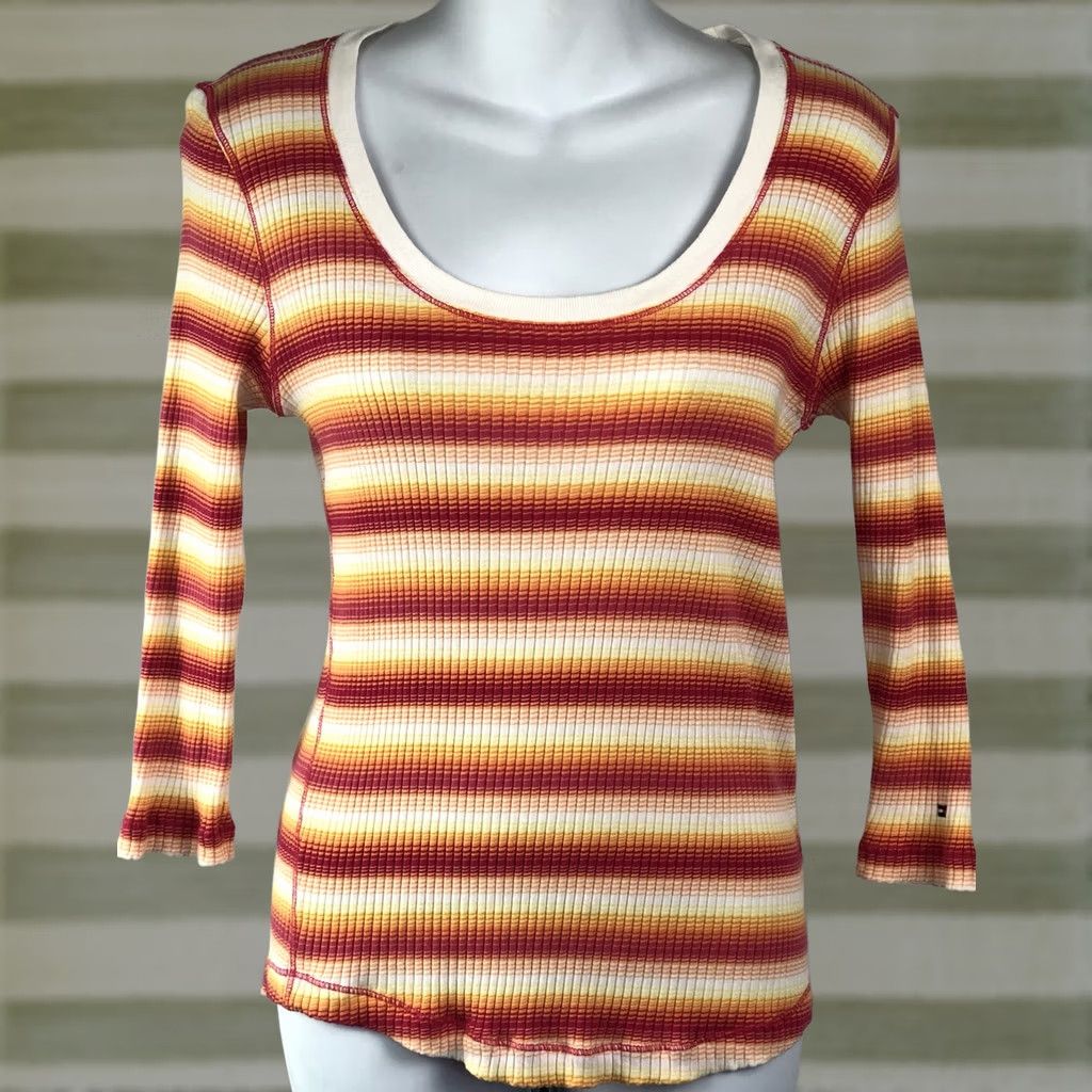 Tommy Hilfiger VINTAGE Tommy Hilfiger thermal top M yellow/red stripe scoop 3/4 sleeves Tee Y2K 90s Mens Womens Girls Boys Size M / US 6-8 / IT 42-44 - 1 Thumbnail