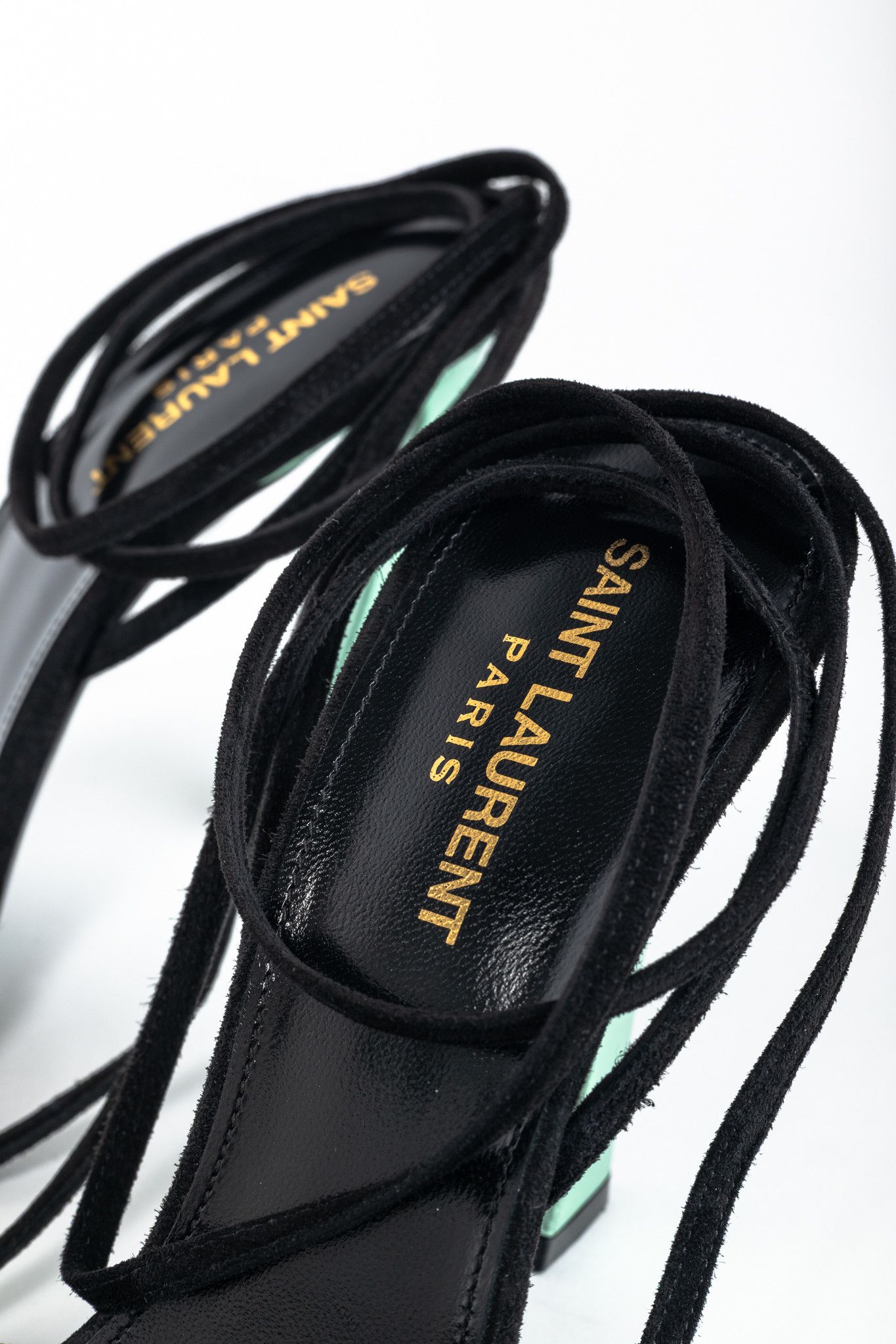 Saint Laurent Paris Saint Laurent Paz Black Suede Lace-Up Green-Heeled Sandals Size US 8 / IT 38 - 9 Thumbnail