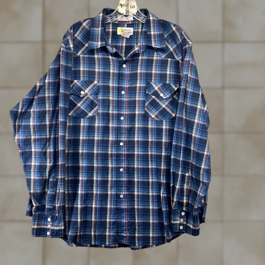 Southern Tide VINTAGE Western Shirt XL Blue Plaid Long Sleeve Pearl Snap 90s Super Thin Mens Size US XL / EU 56 / 4 - 1 Thumbnail