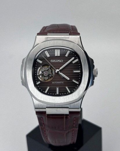 Japanese Brand Seiko Mod Nautilus Brown Open Dial Steel Watch Leather Strap Size ONE SIZE - 3 Thumbnail