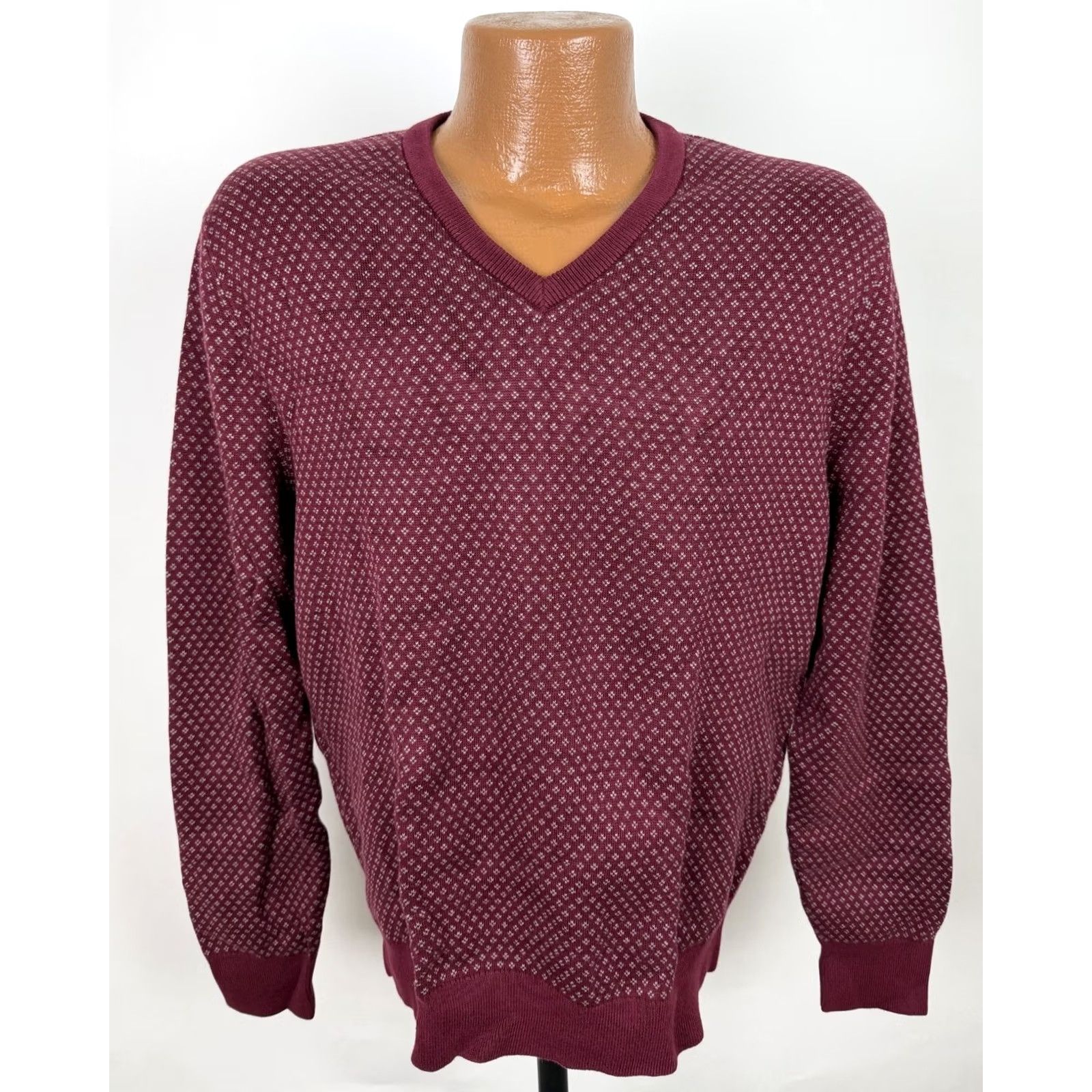 Lands' End Lands' End Mens Large Burgundy V-Neck Supima Cotton Knit Geometric Pullover Sweater Shirt Size US L / EU 52-54 / 3 - 2 Thumbnail