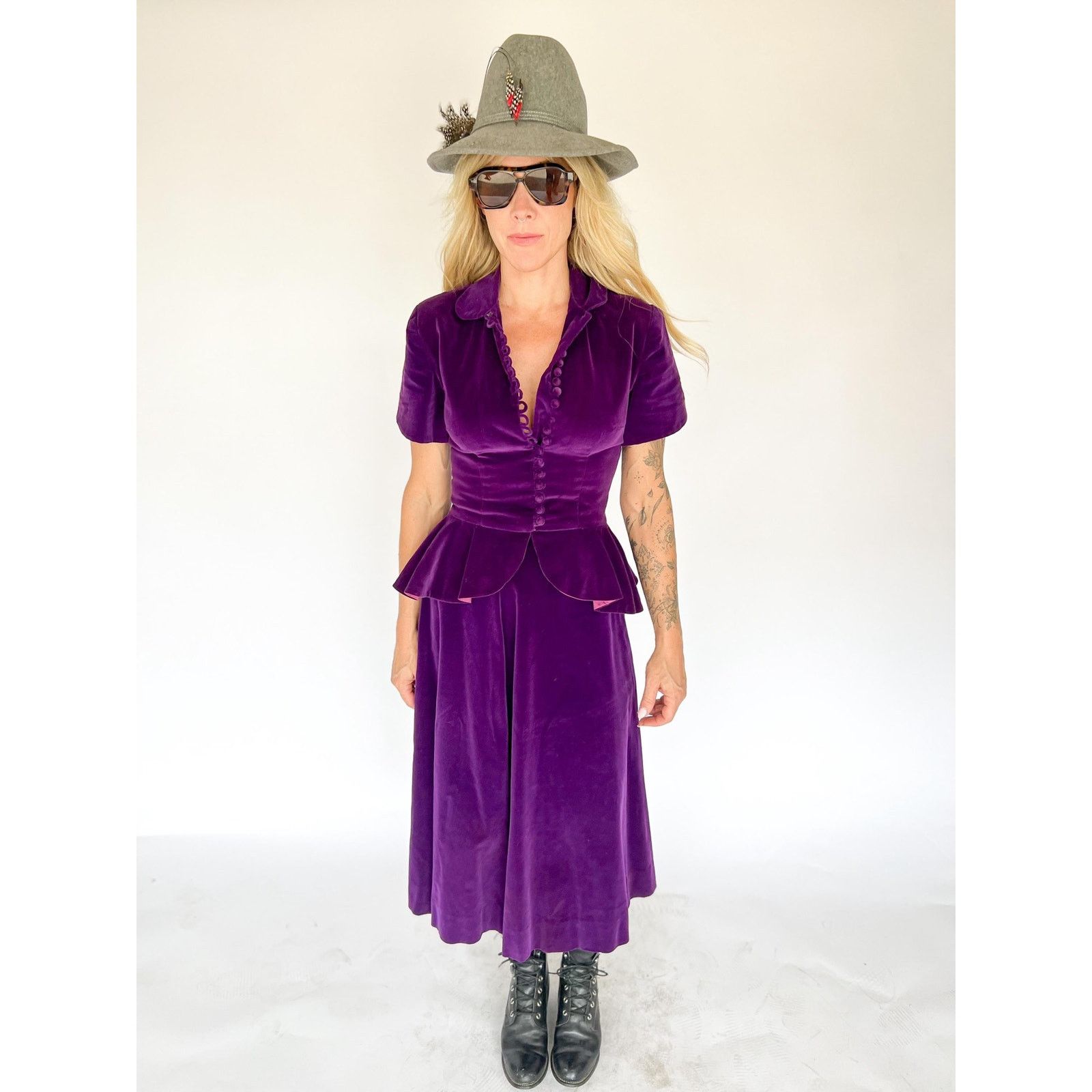 Vintage VTG 40s Steampunk Prple Velvet Peplum Top Skirt Hollywood XS Size XS / US 0-2 / IT 36-38 - 1 Thumbnail