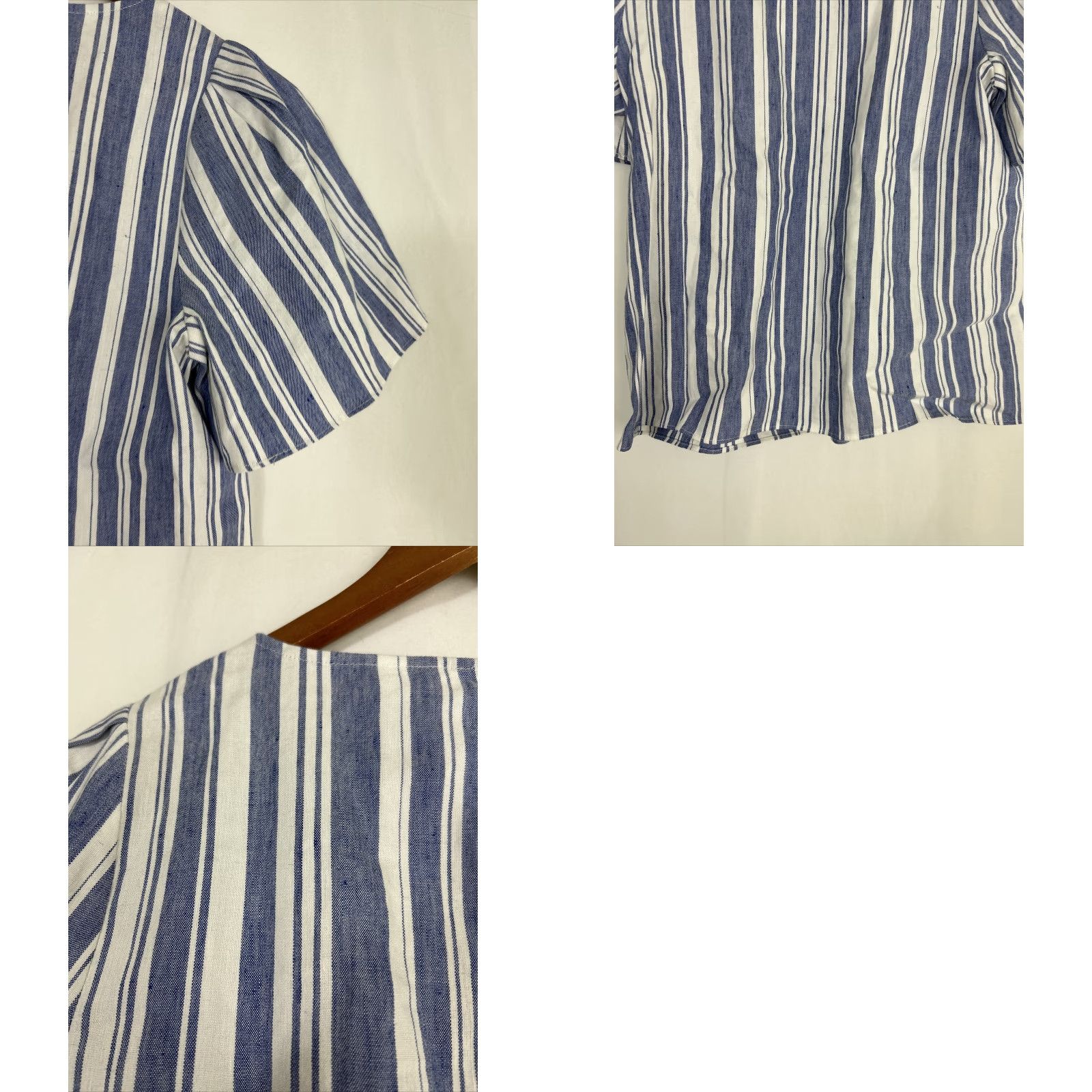 Vintage CAbi Blouse Shirt Striped Wing Tunic Top Short Sleeve Size S Blue White Linen Seersucker Keyhole Button Casual Vintage No N/A (remove N/A) Size S / US 4 / IT 40 - 9 Thumbnail