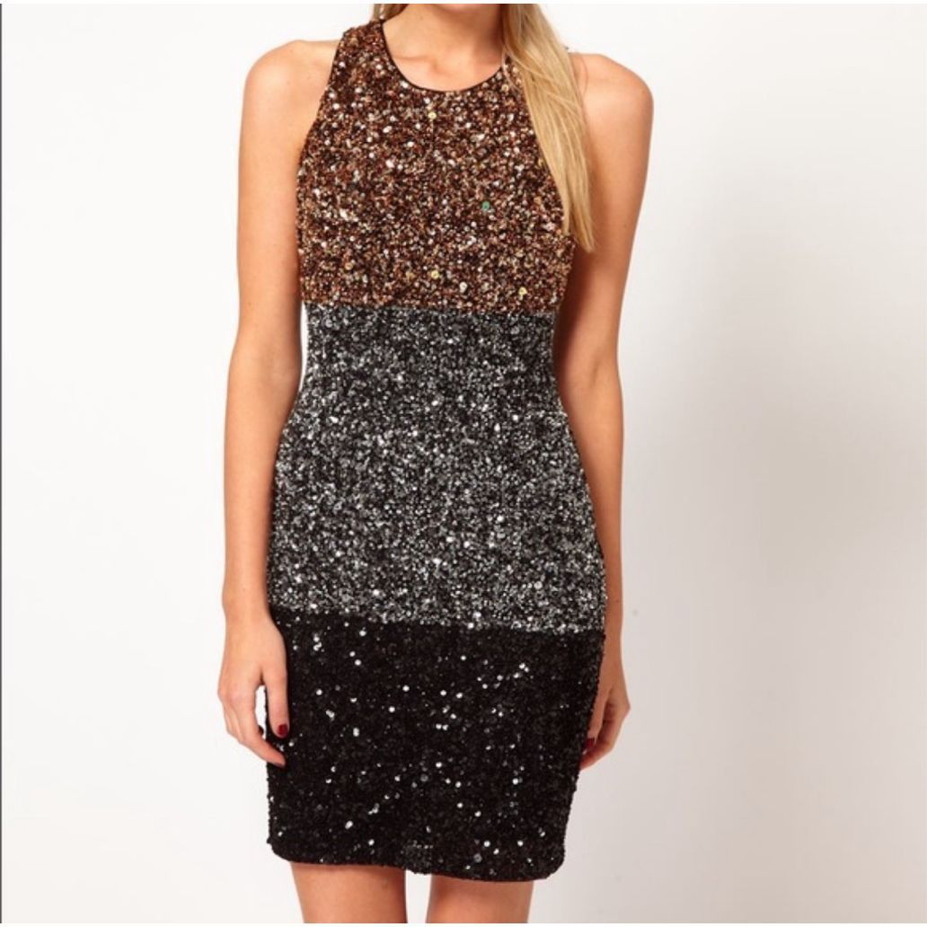 French Connection Sequin Cocktail Dress Metallic Colorblock Stripe Gold Silver 4